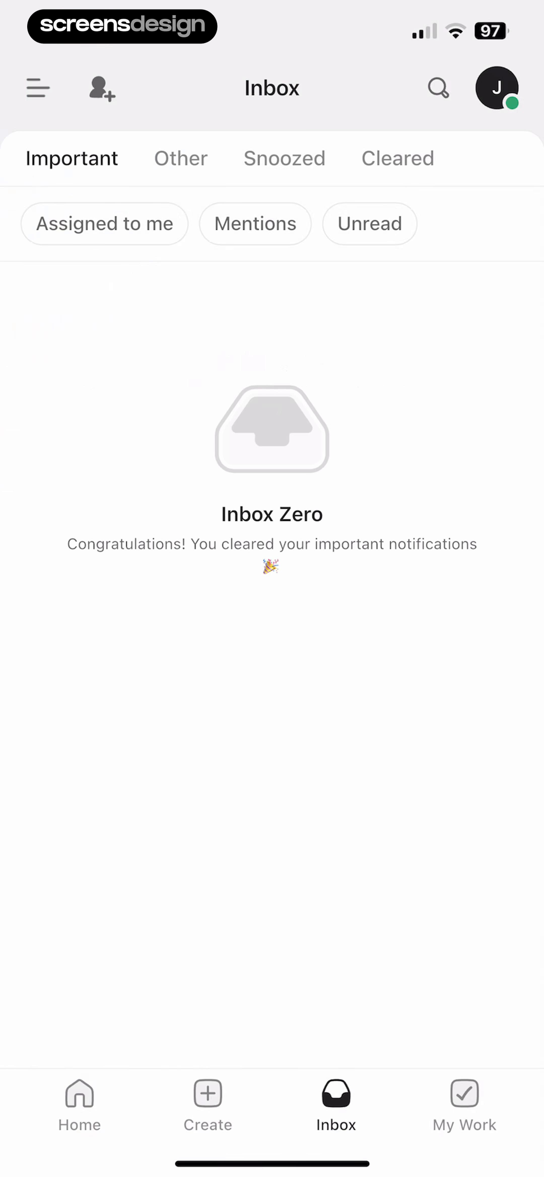 ClickUp Inbox Zero state confirming important notifications were cleared