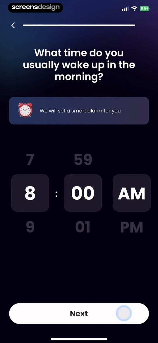 Sleep Tracker: Recorder, Sound screen showing the app asks for usual wake time and explains that the answer will configure a smart alarm.