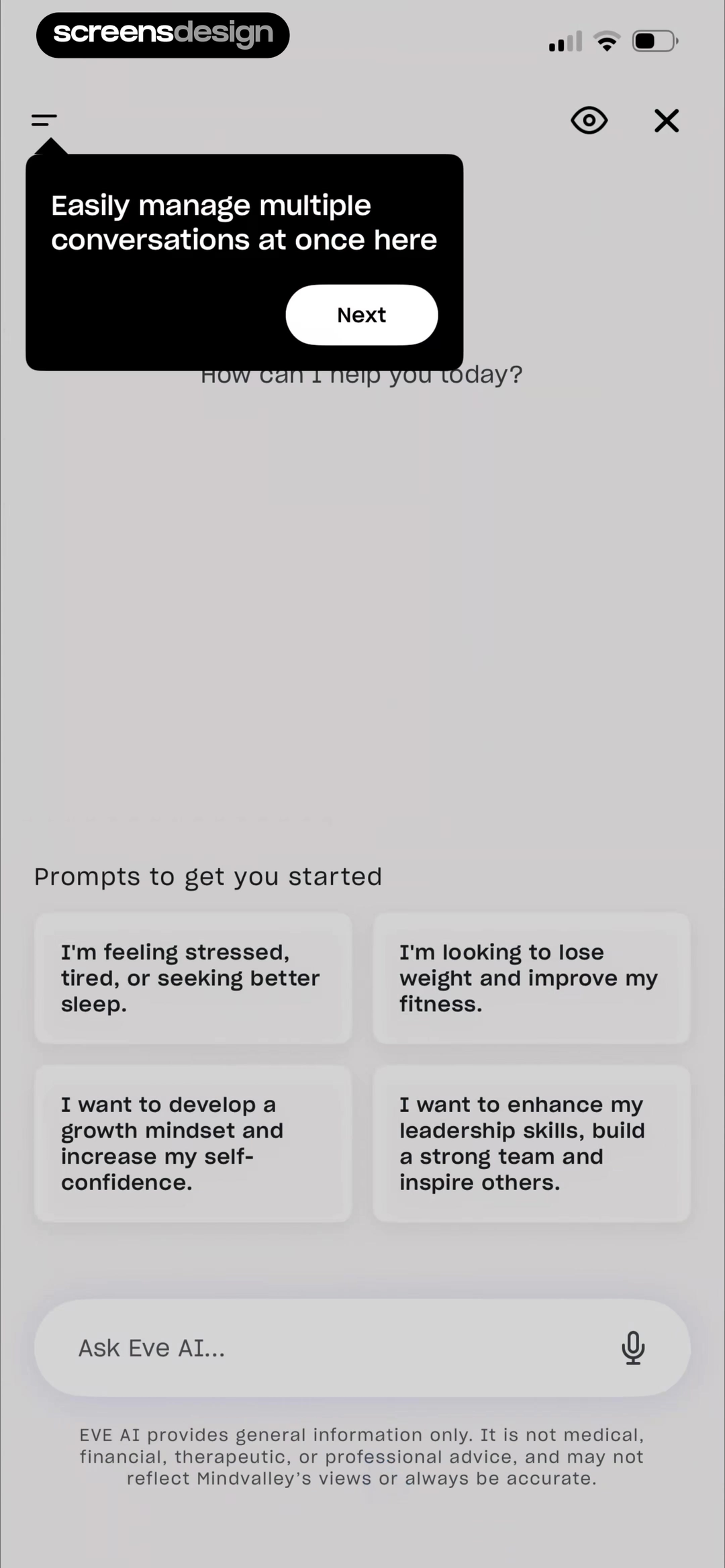 Mindvalley Eve AI chat with prompt starters, a conversation tip, and a general-information disclaimer