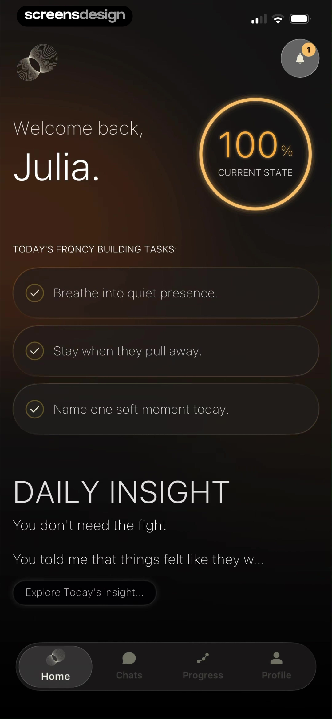 FRQNCY dark dashboard with gold progress, completed tasks, and a daily insight