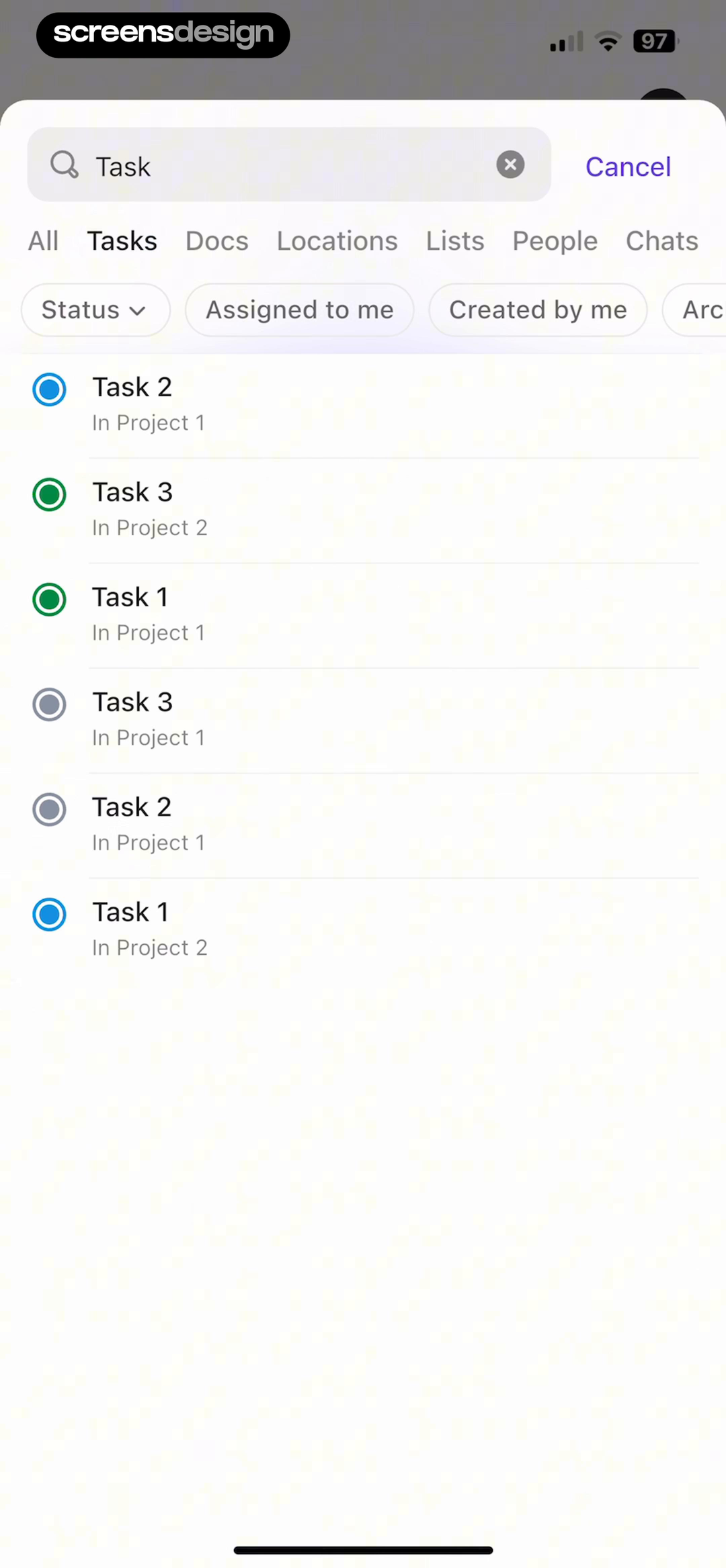 ClickUp search results with content tabs, filter chips, task rows, and project context