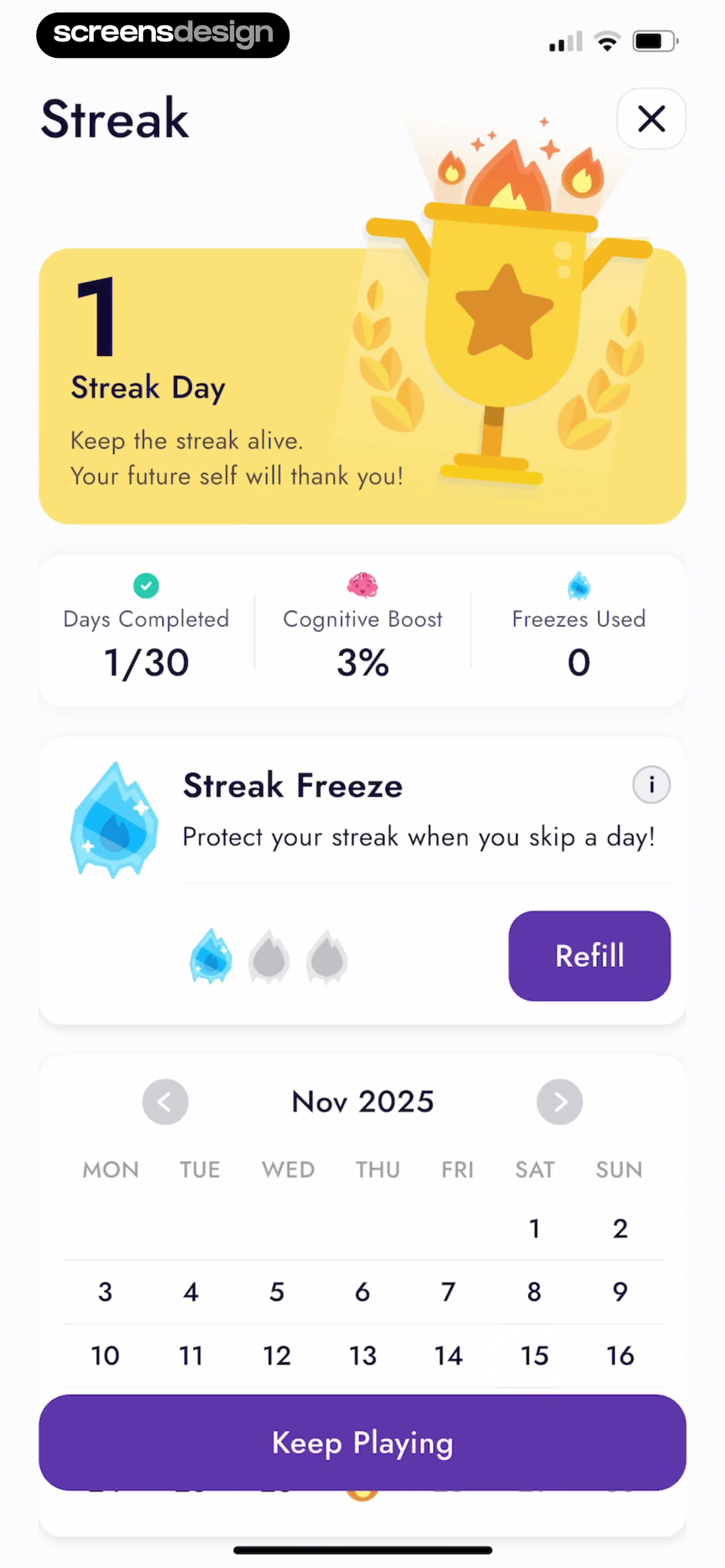 IQ Masters screen showing one streak day is contextualized by days completed, progress, and freeze usage