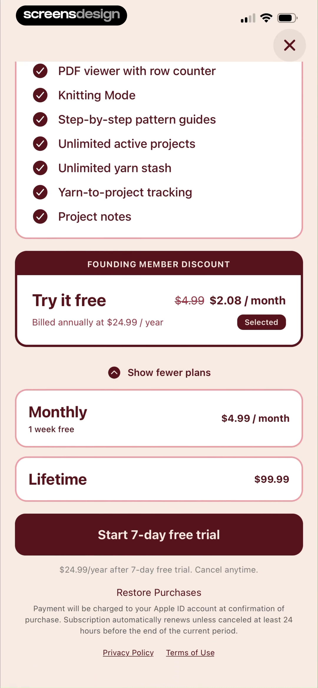 LooseLoop - Craft Companion screen showing the offer connects price to concrete craft workflows such as row counting, projects, yarn, and pattern guides.
