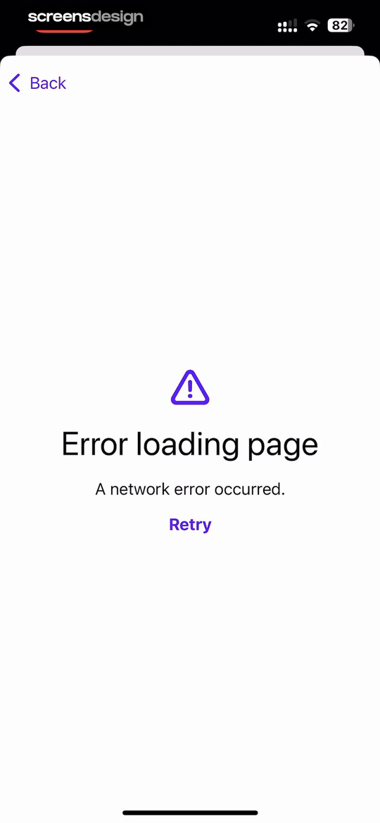 HEY Email Error loading page screen with network error message, Back, and Retry controls