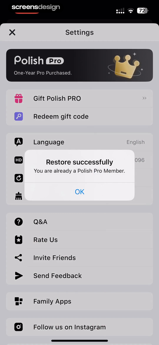 Polish - AI Photo Editor screen showing a Restore successfully confirmation is paired with the recognized one-year Pro purchase.