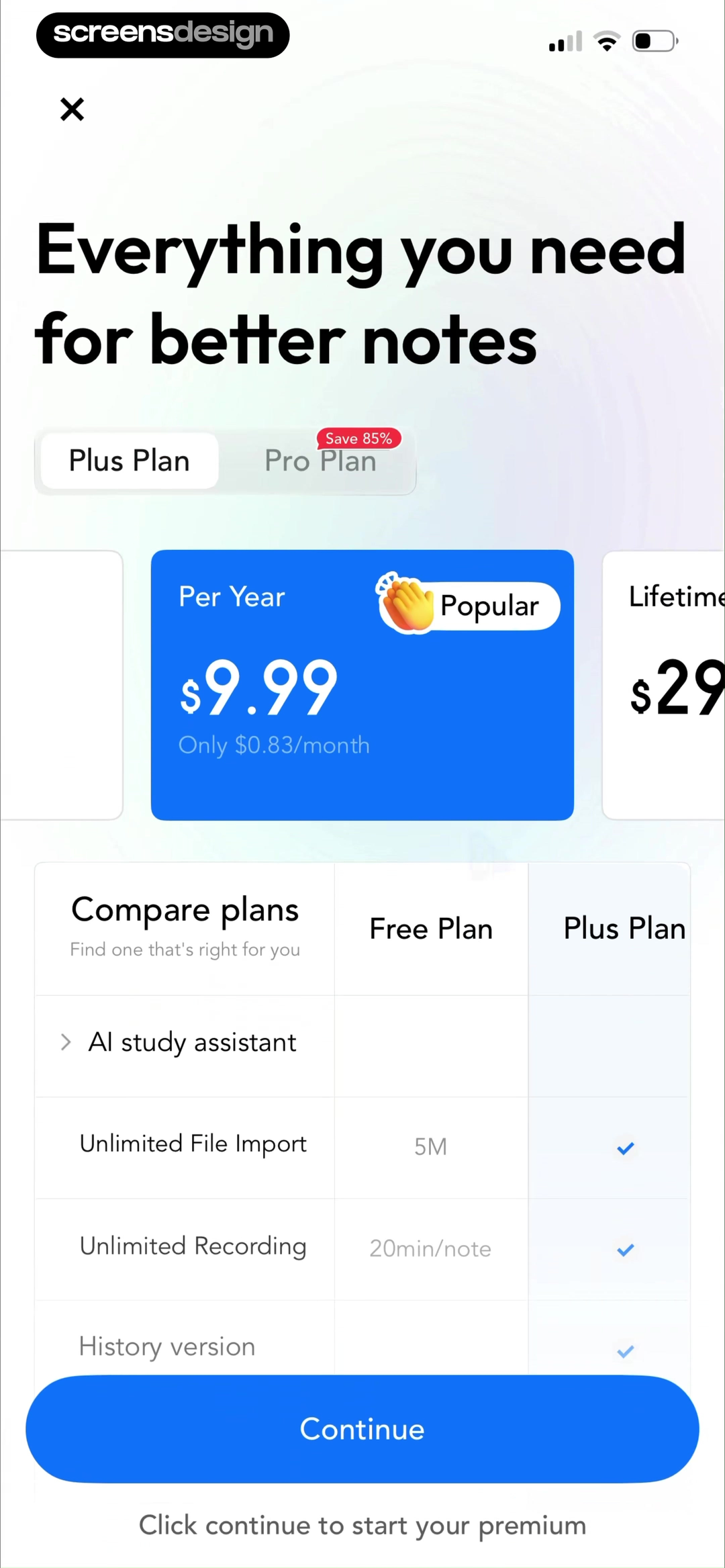 Freenotes®: AI Notes Taking screen showing plus and Pro are separated from annual and lifetime billing, with the popular choice and savings made visible.