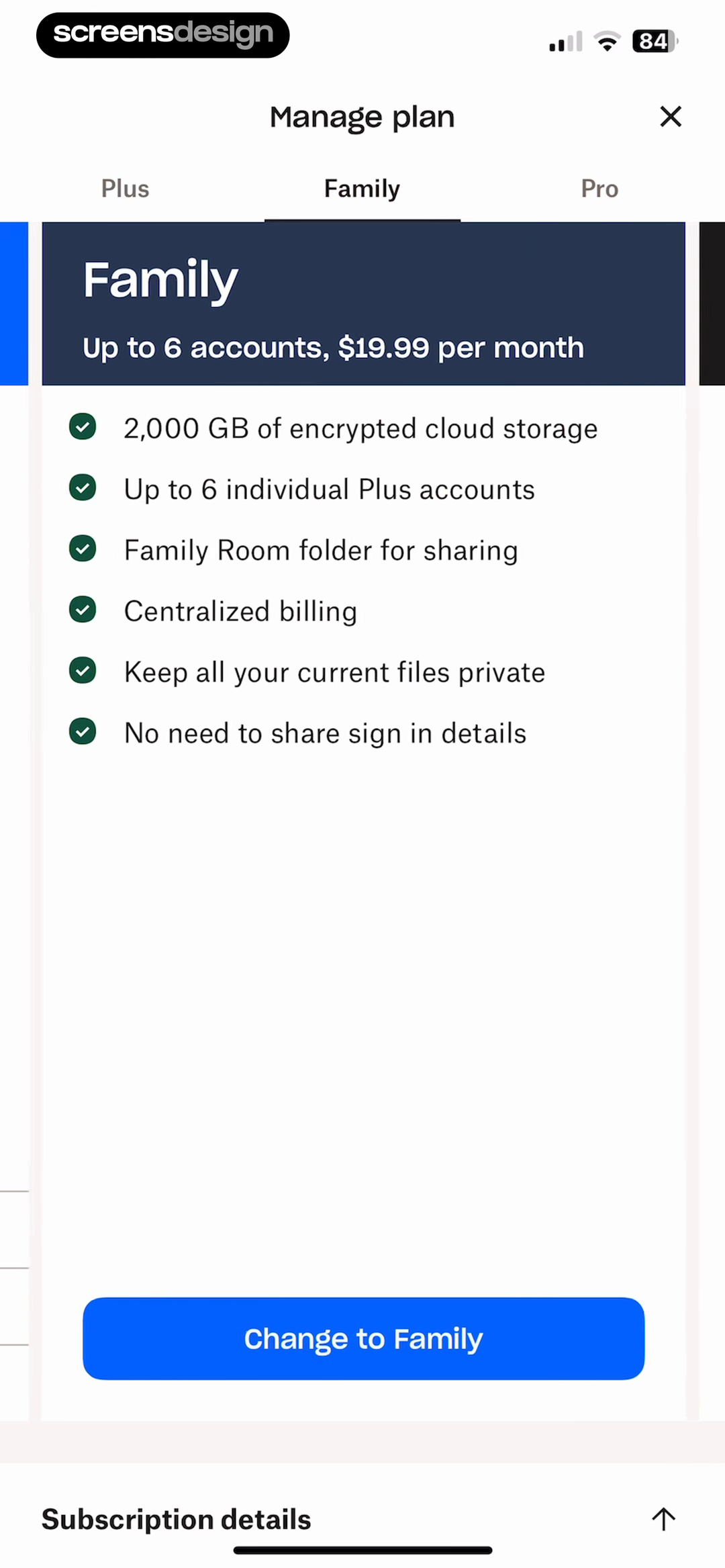 Dropbox: Cloud Storage Backup mobile app screen showing Manage plan and Up to 6 accounts, $19.99 per month