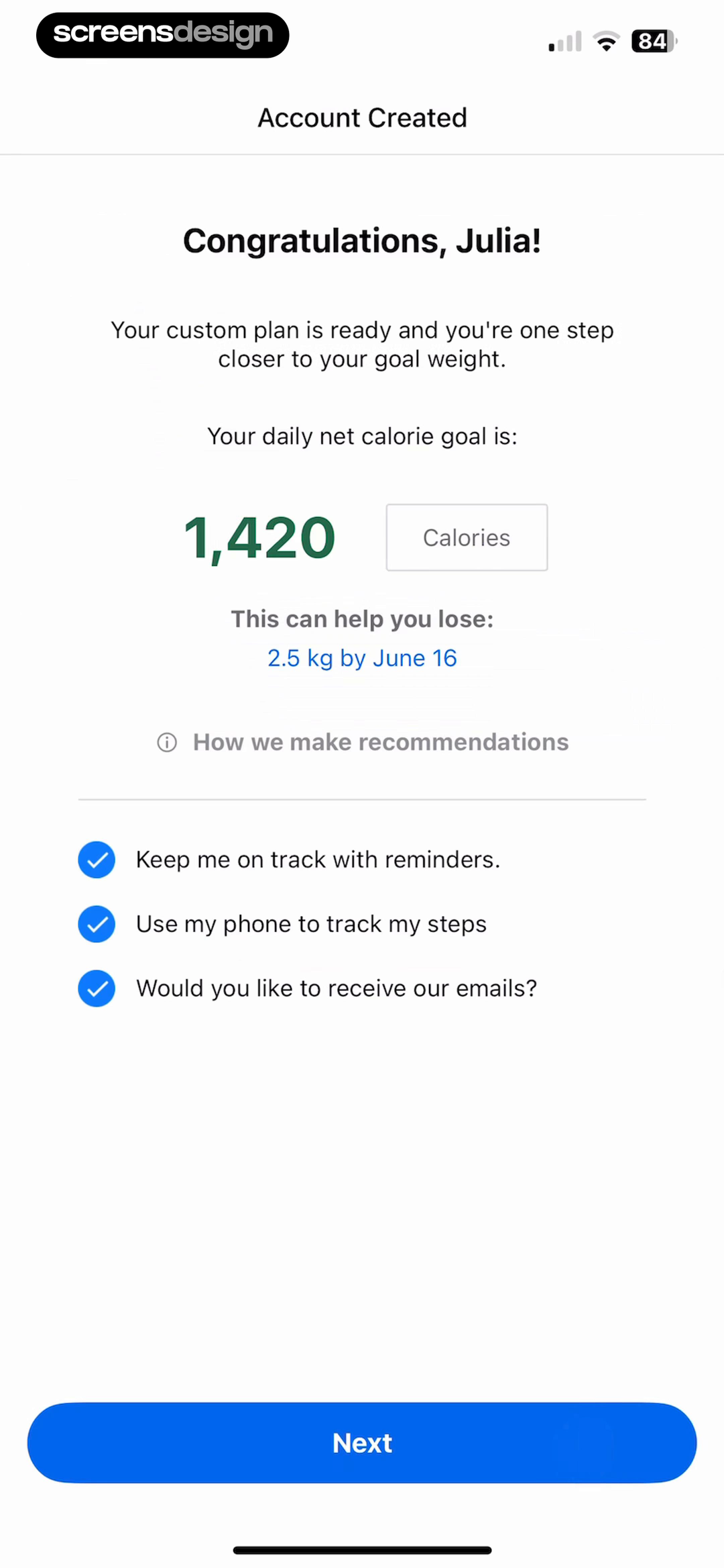 MyFitnessPal account-created screen showing a 1,420 calorie goal and weight projection
