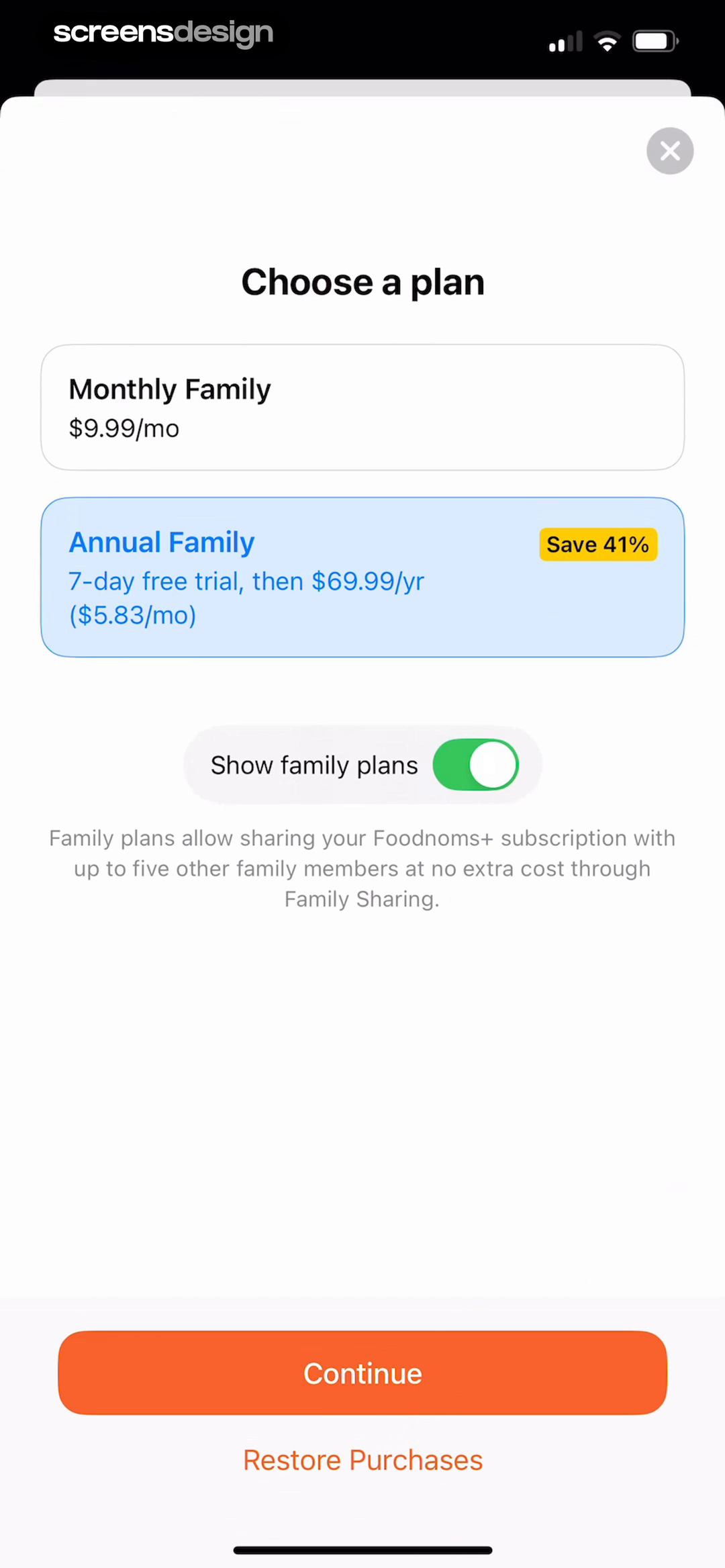 Nutrition Tracker: Foodnoms mobile app screen showing Choose a plan and Monthly Family