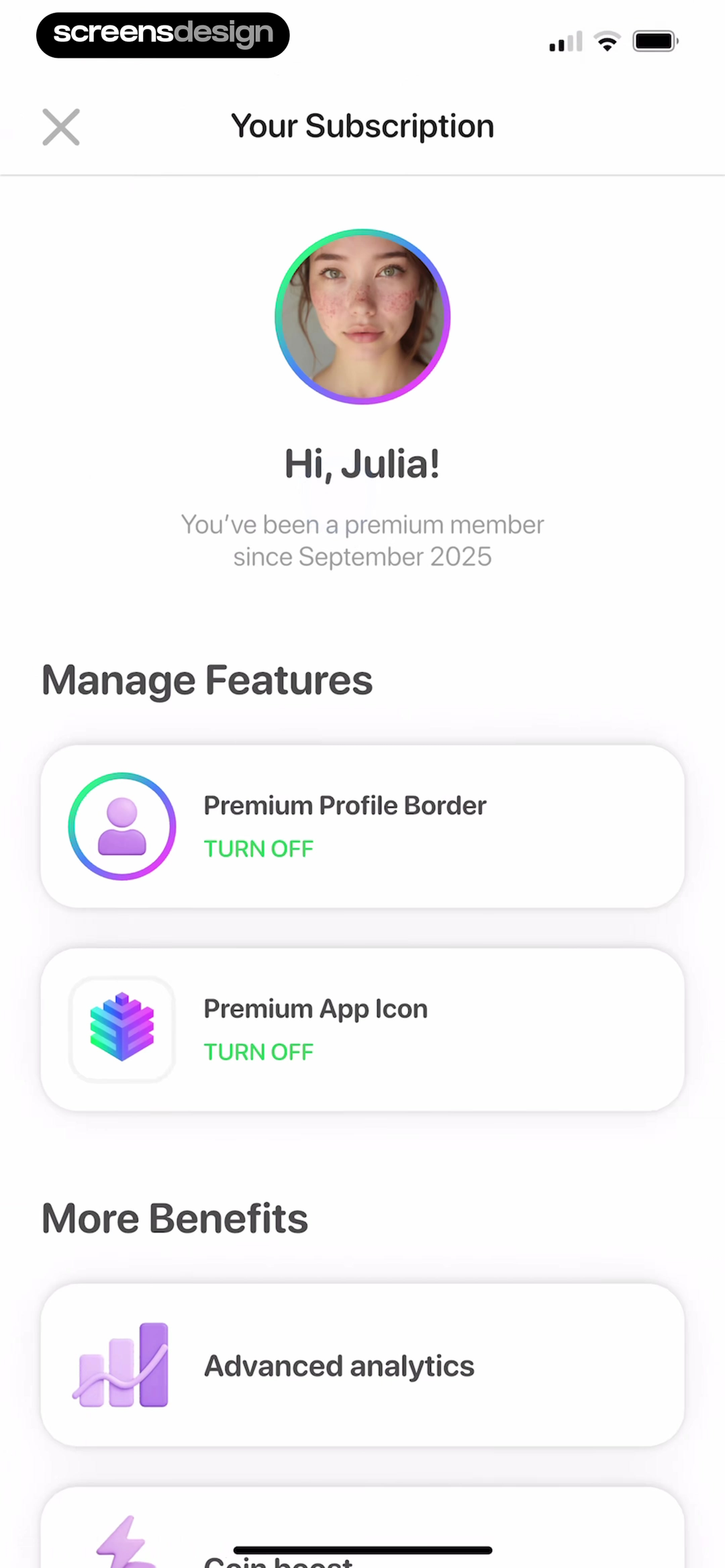 Focus Tree screen showing premium settings connect membership to configurable features and a broader benefit list