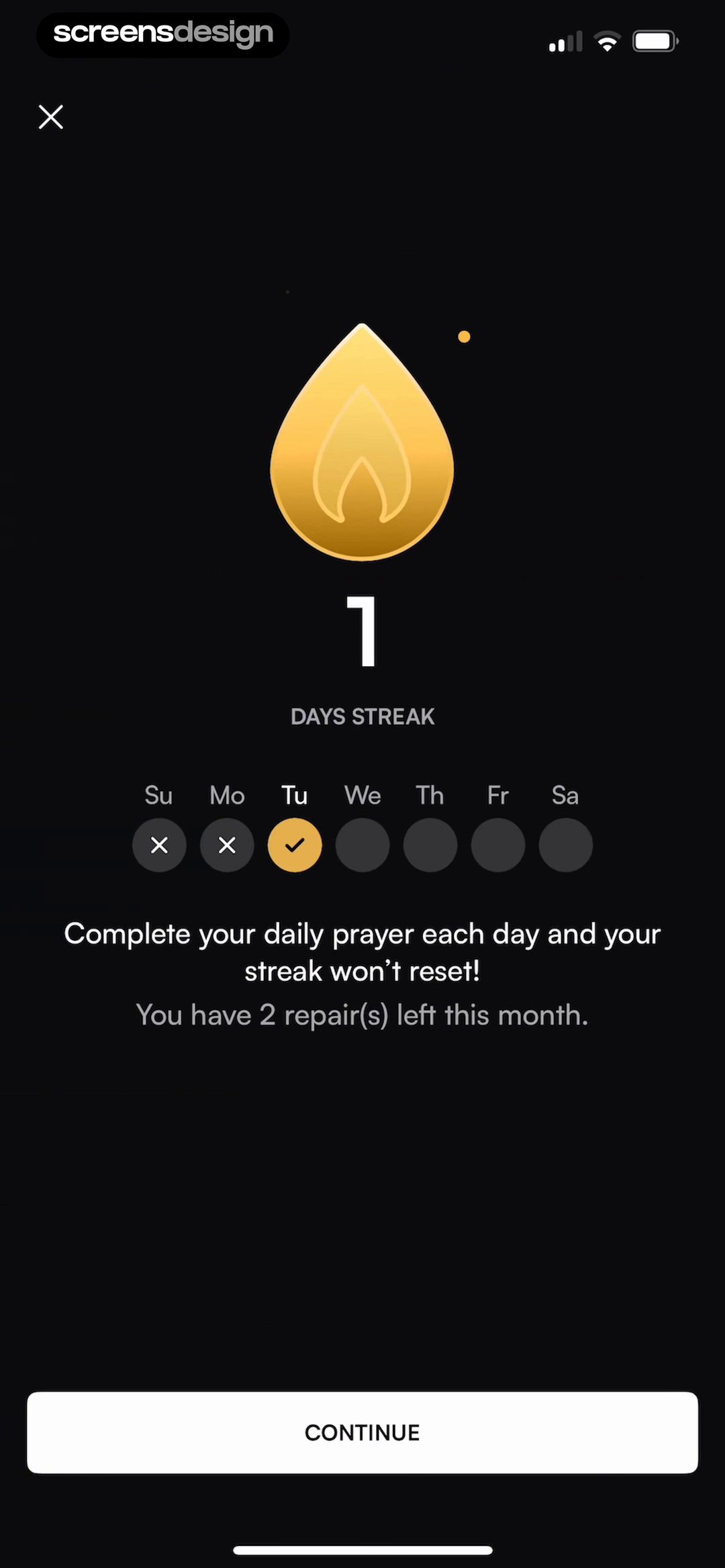 Pray.com screen showing the daily prayer rule and the number of monthly repairs are written explicitly