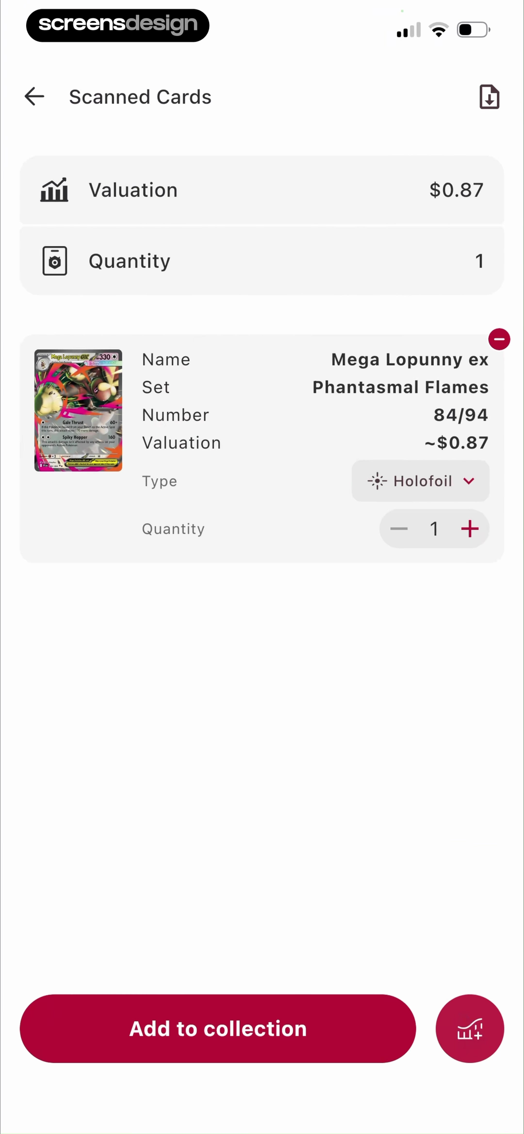 MonPrice scanned trading card details with valuation quantity metadata and add to collection