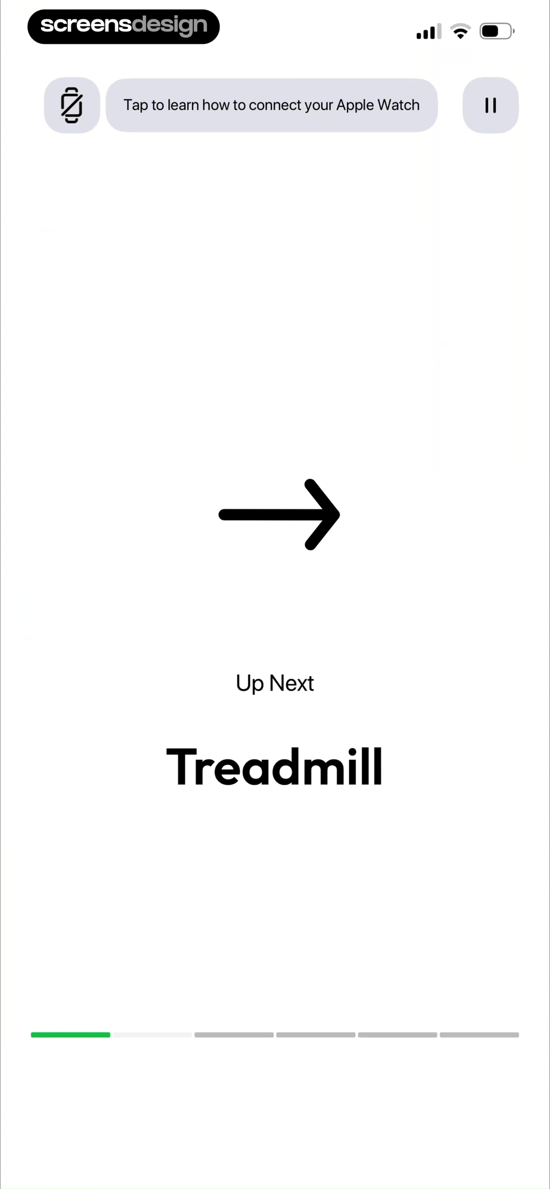 Zing AI workout transition screen using a directional arrow, next exercise label, and segmented progress