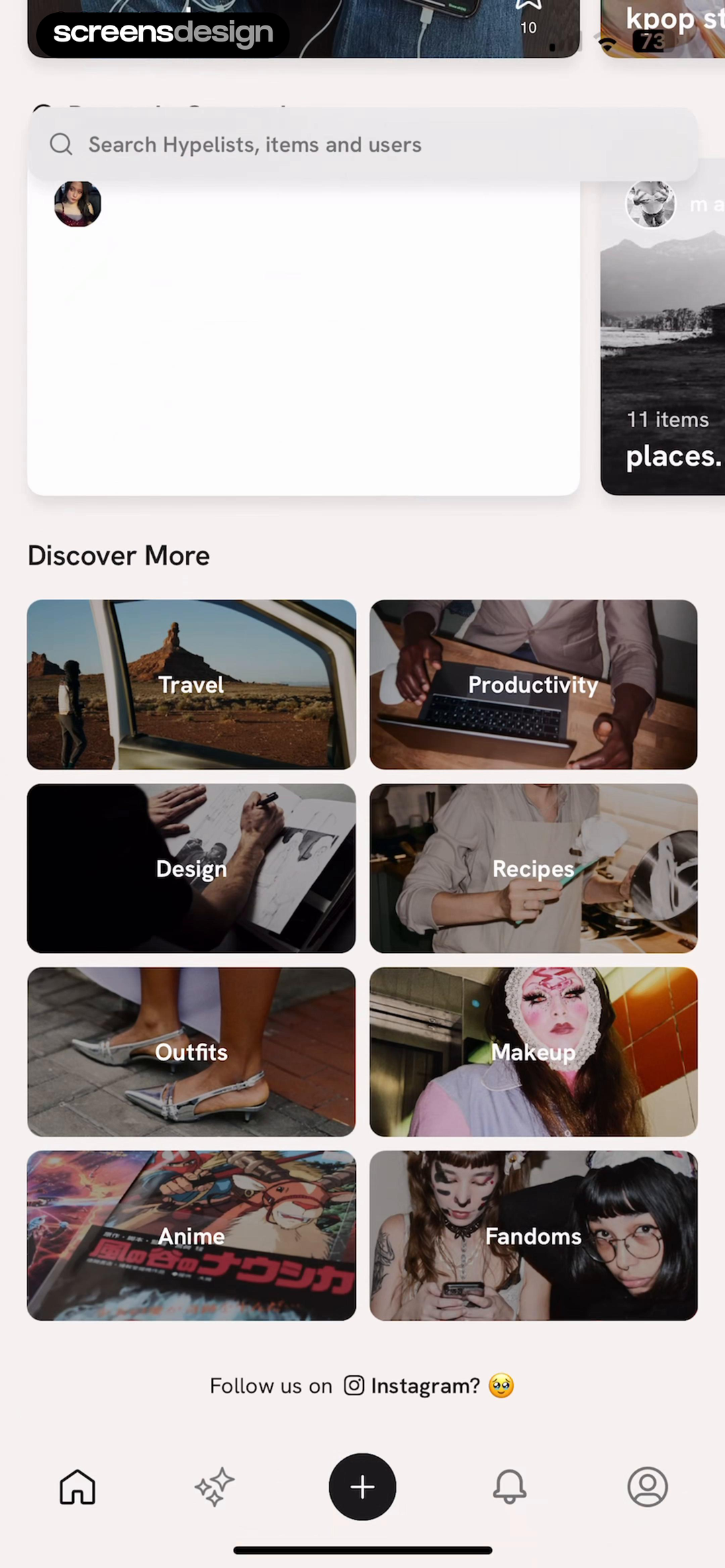 Hypelist home screen with search and Discover More cards for travel, productivity, design, recipes, outfits, makeup, anime, and fandoms