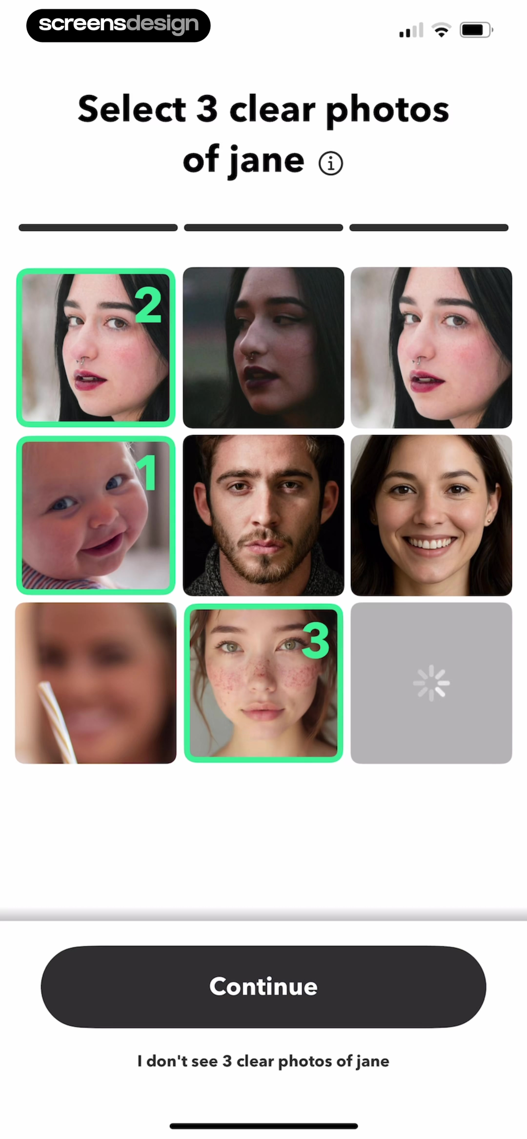 Precious photo selection screen asking for three clear photos