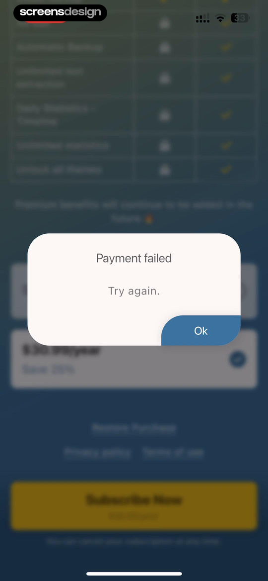 Bookmory - reading tracker screen showing a compact Payment failed alert returns the reader to the same paywall, where retry and restore remain possible.