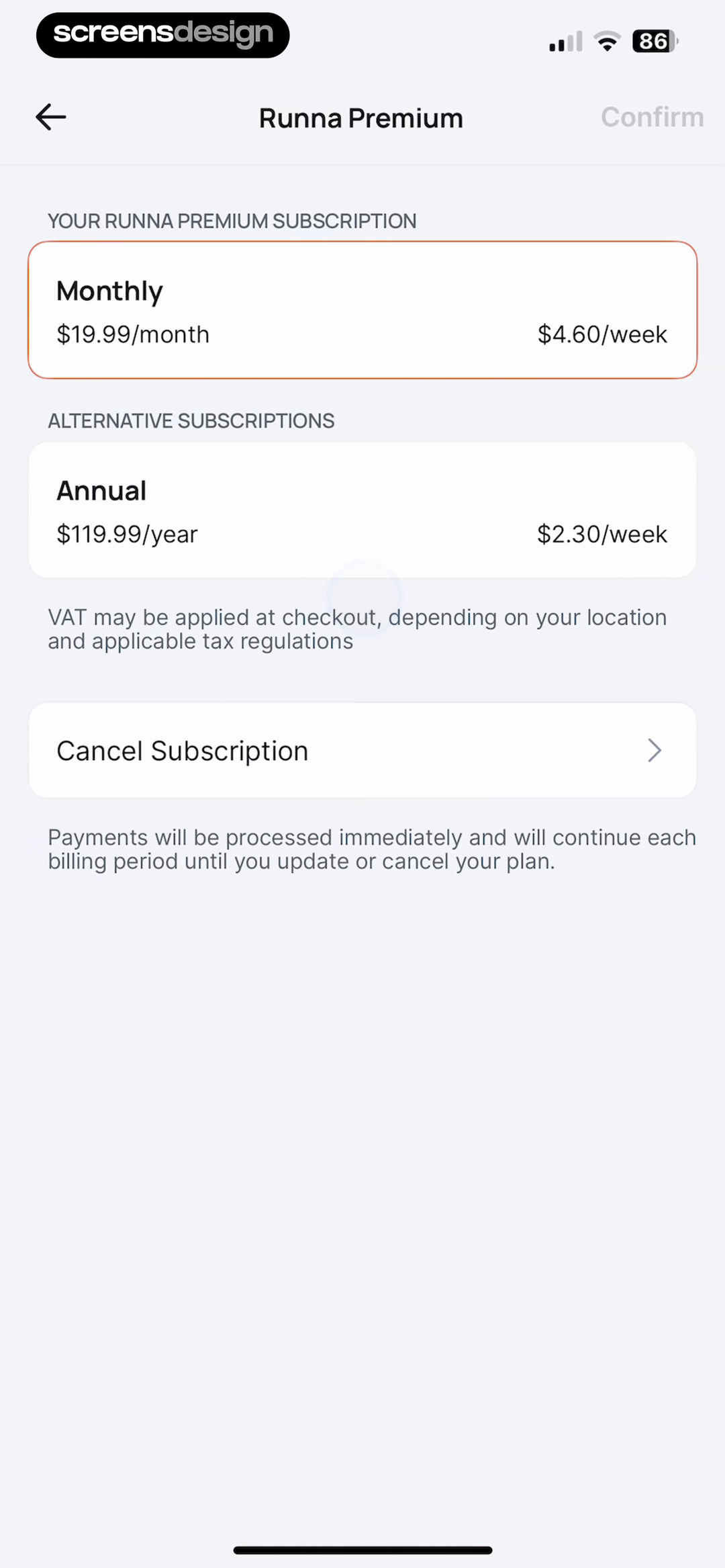 Runna: Running Plans & Coach screen showing the current monthly subscription is separated from an annual alternative with both total and weekly prices.