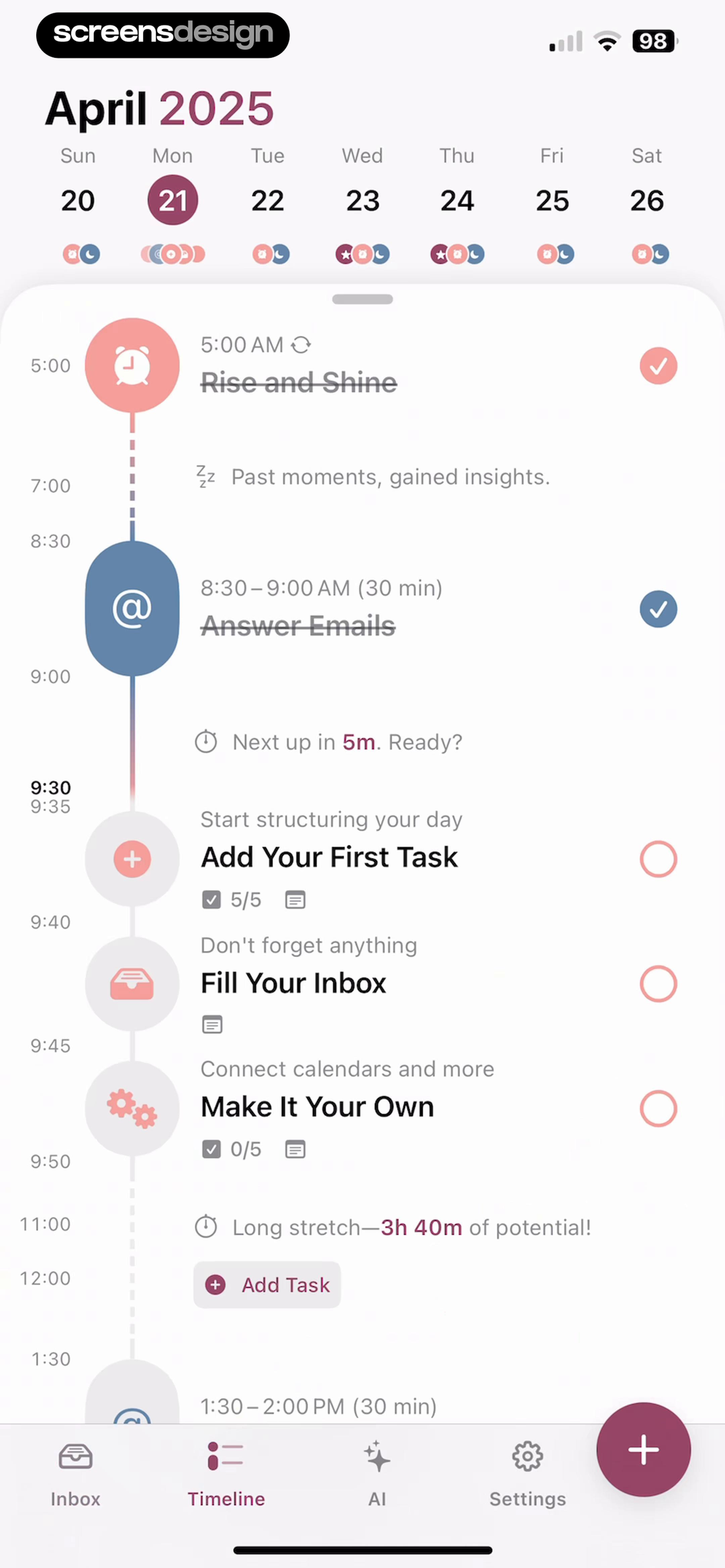 Structured daily planner showing a populated vertical timeline and guided setup tasks