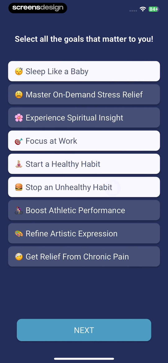 Brightmind Meditation screen showing the multi-select list covers sleep, stress relief, spiritual insight, focus, habits, and performance.