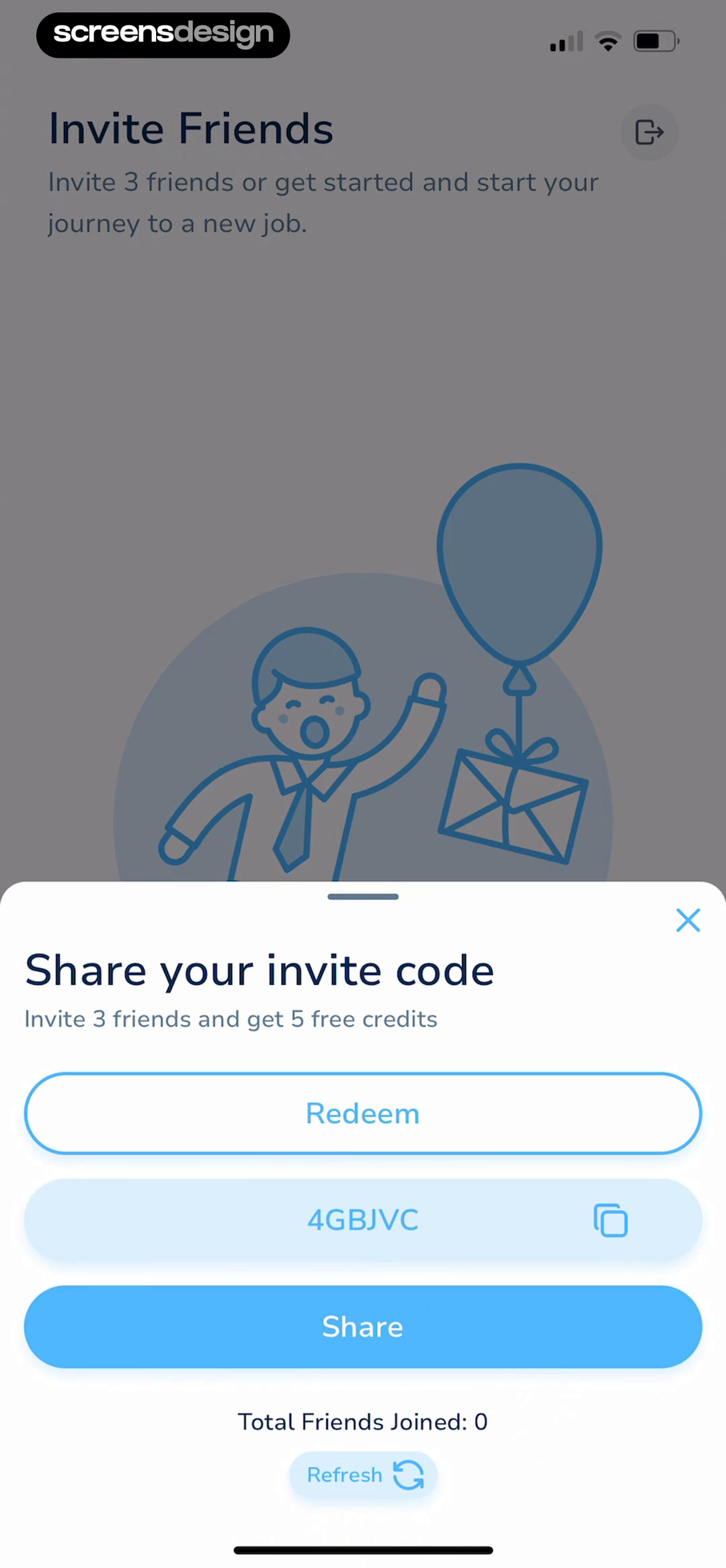 Sprout screen showing the three-friend target, code, joined total, refresh action, and copy confirmation stay visible