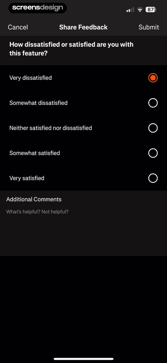 Strava: Run, Bike, Walk screen showing feature satisfaction uses fully labeled choices from very dissatisfied to very satisfied.