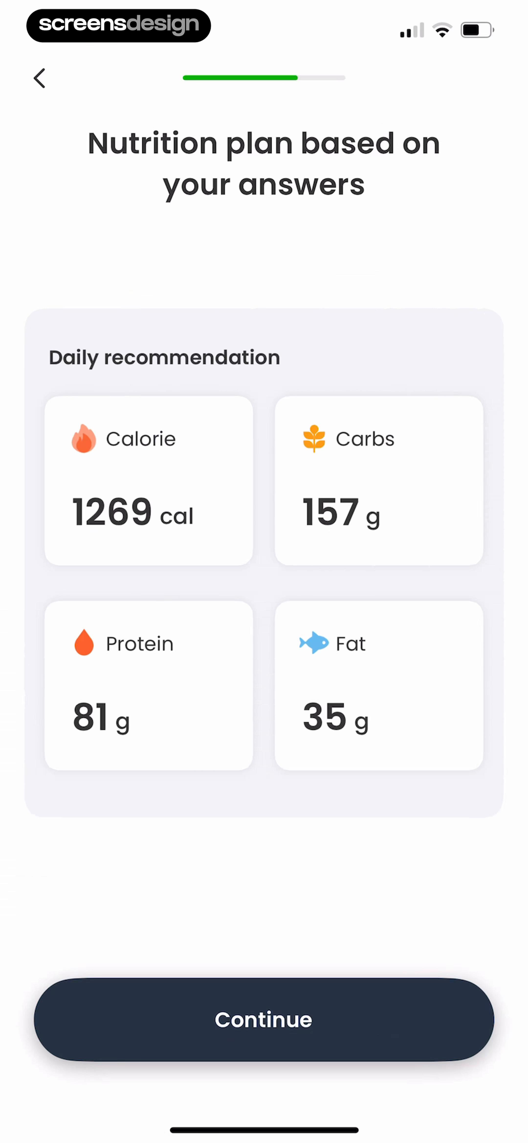 CaloCare onboarding screen showing calorie and macronutrient recommendations