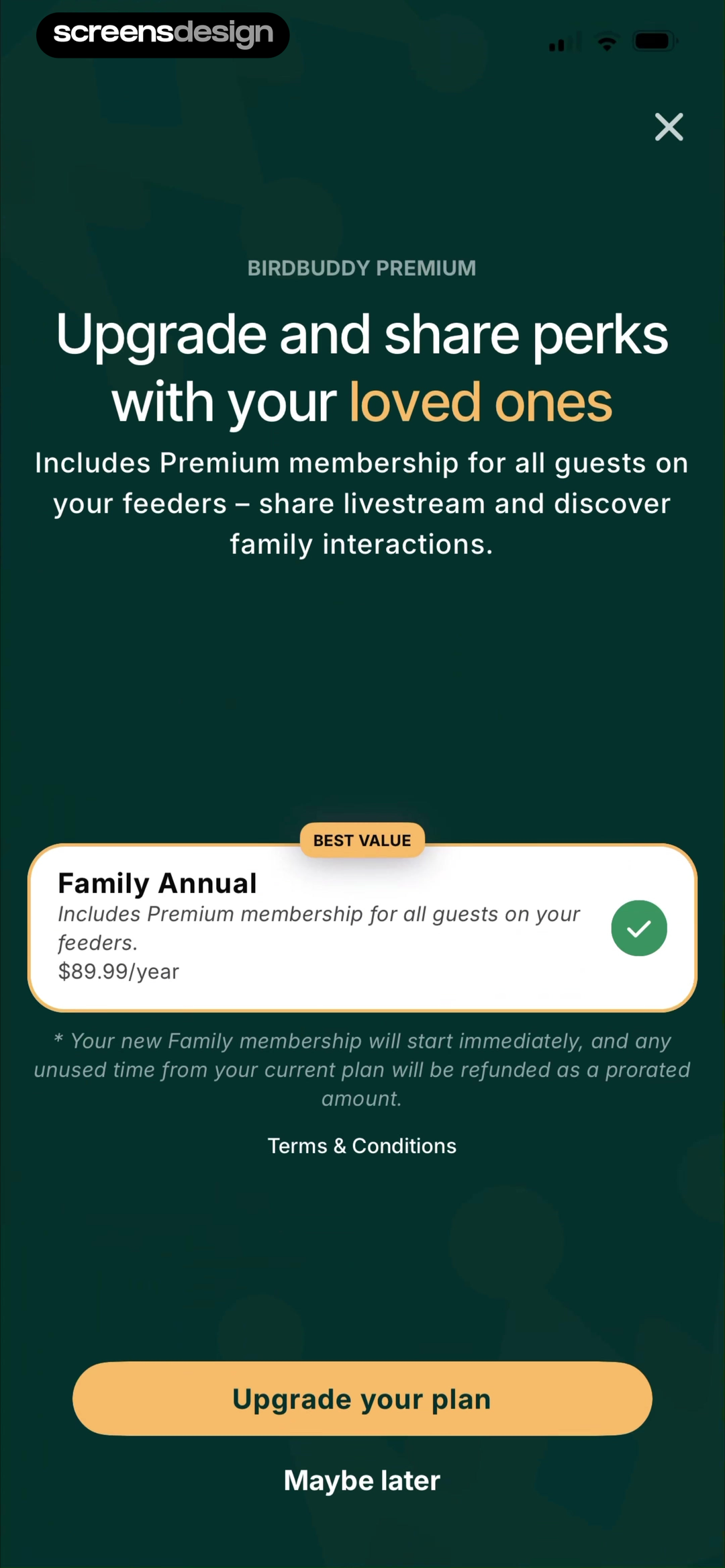 Birdbuddy: ID & Collect Birds mobile app screen showing BIRD BUDDY PREMIUM and Upgrade and share perks with your loved ones
