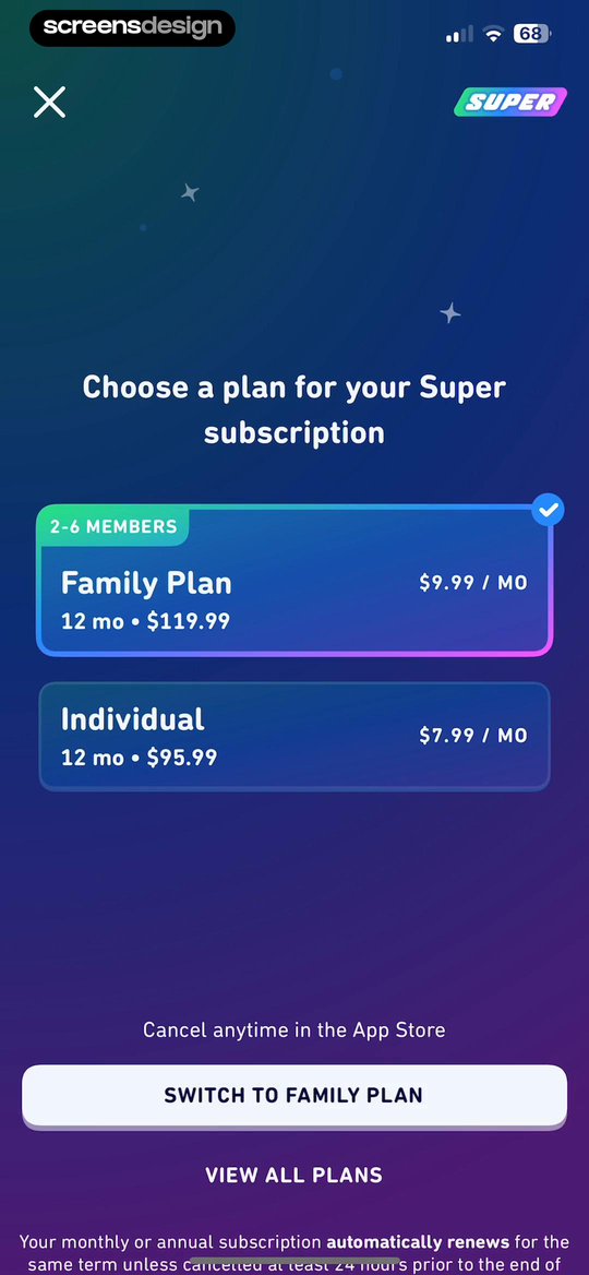 Duolingo: Language Lessons mobile app screen showing Choose a plan for your Super subscription and 2-6 MEMBERS