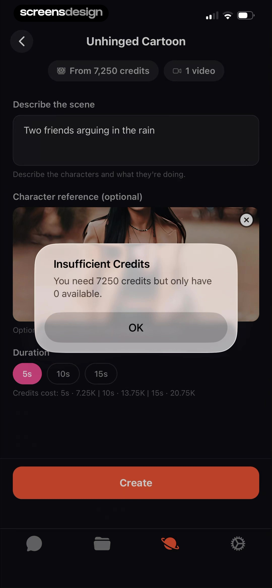 Flashloop AI video editor showing an insufficient credits message over the saved brief