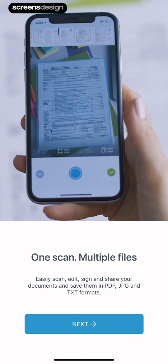 Scanner App onboarding screen with one feature statement, supporting copy, a scanning image, and one Next action