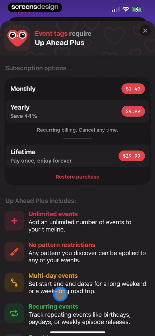 Up Ahead: Countdown Widgets screen showing the trigger feature appears first, then monthly, yearly, and lifetime options with savings and billing language.