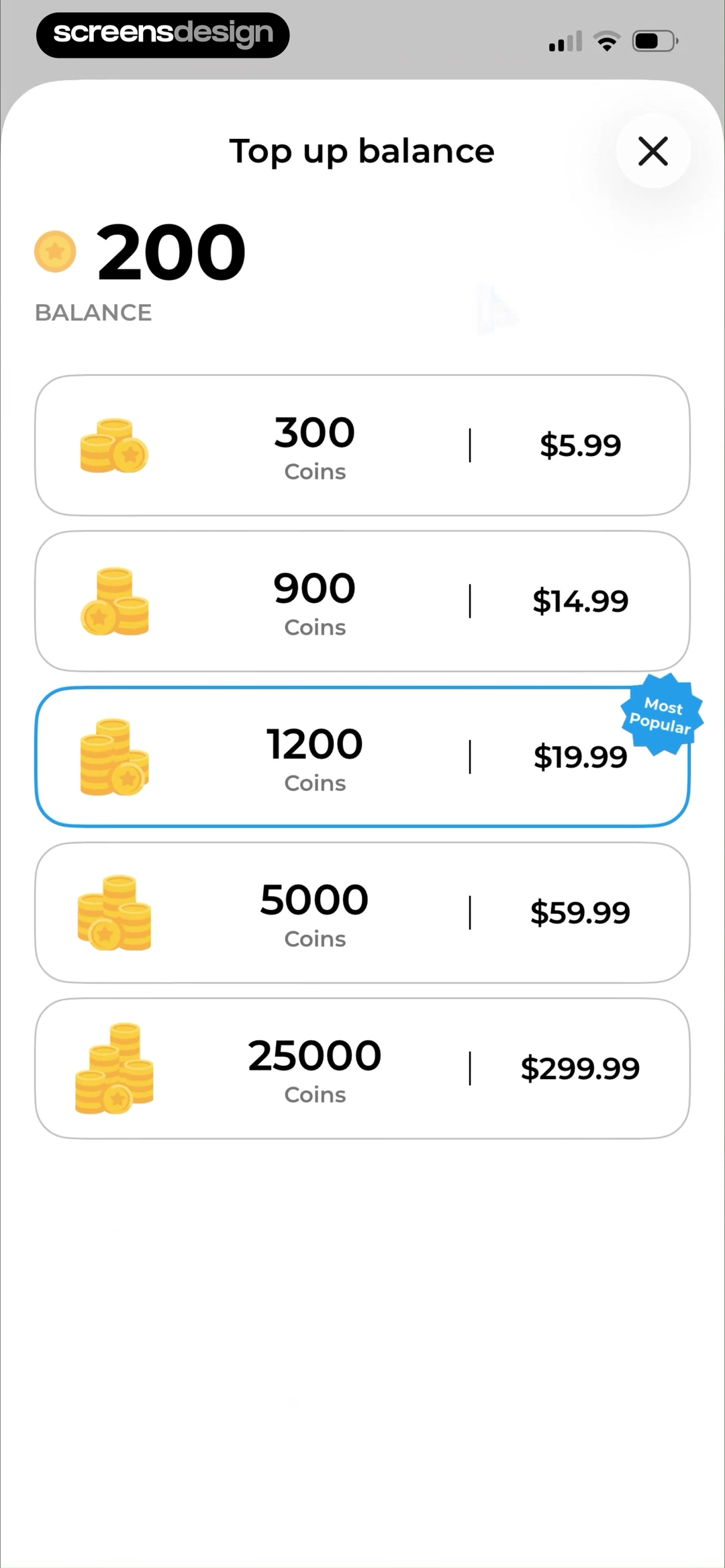 OnPhone: Second Number & eSIM mobile app screen showing Top up balance and 300 Coins