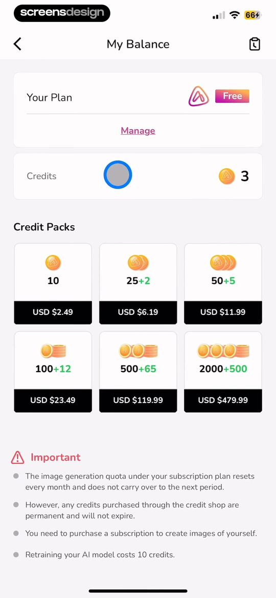 Artisse - Realistic AI Photos mobile app screen showing My Balance and Your Plan