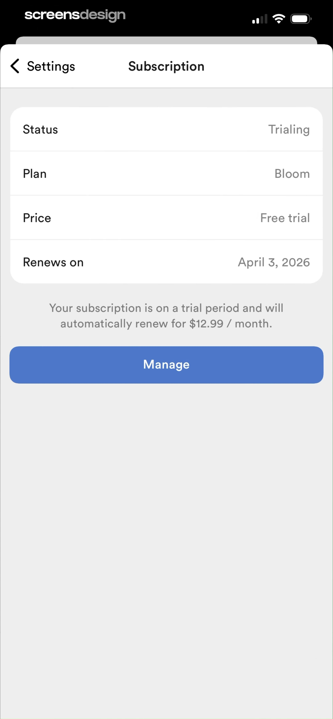 Rosebud screen showing trialing status, plan name, renewal date, and the monthly renewal price are grouped