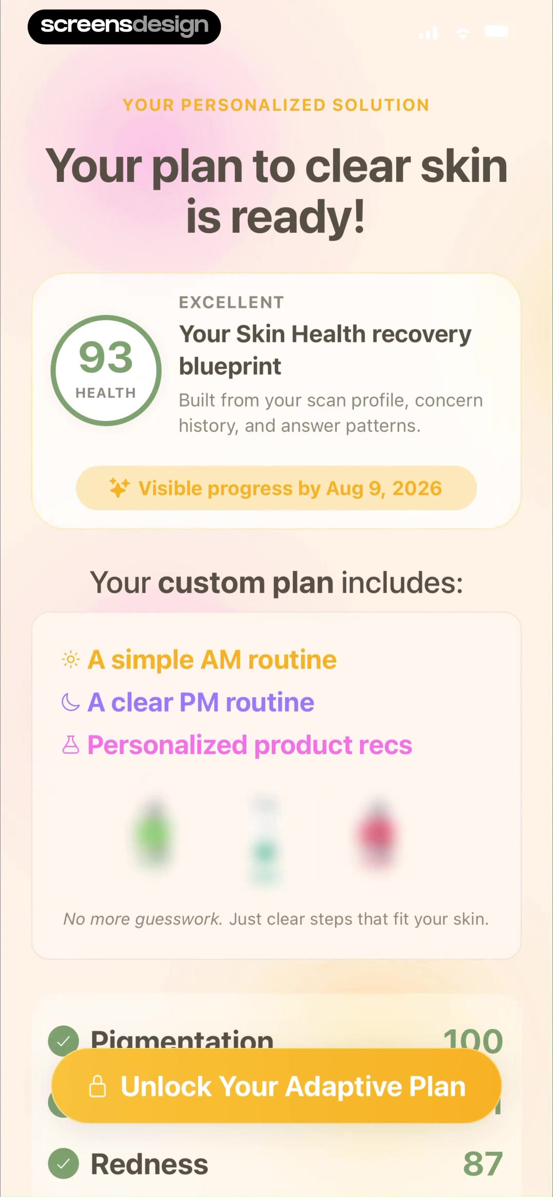 Skan personalized skincare plan summary with health score routines and unlock action
