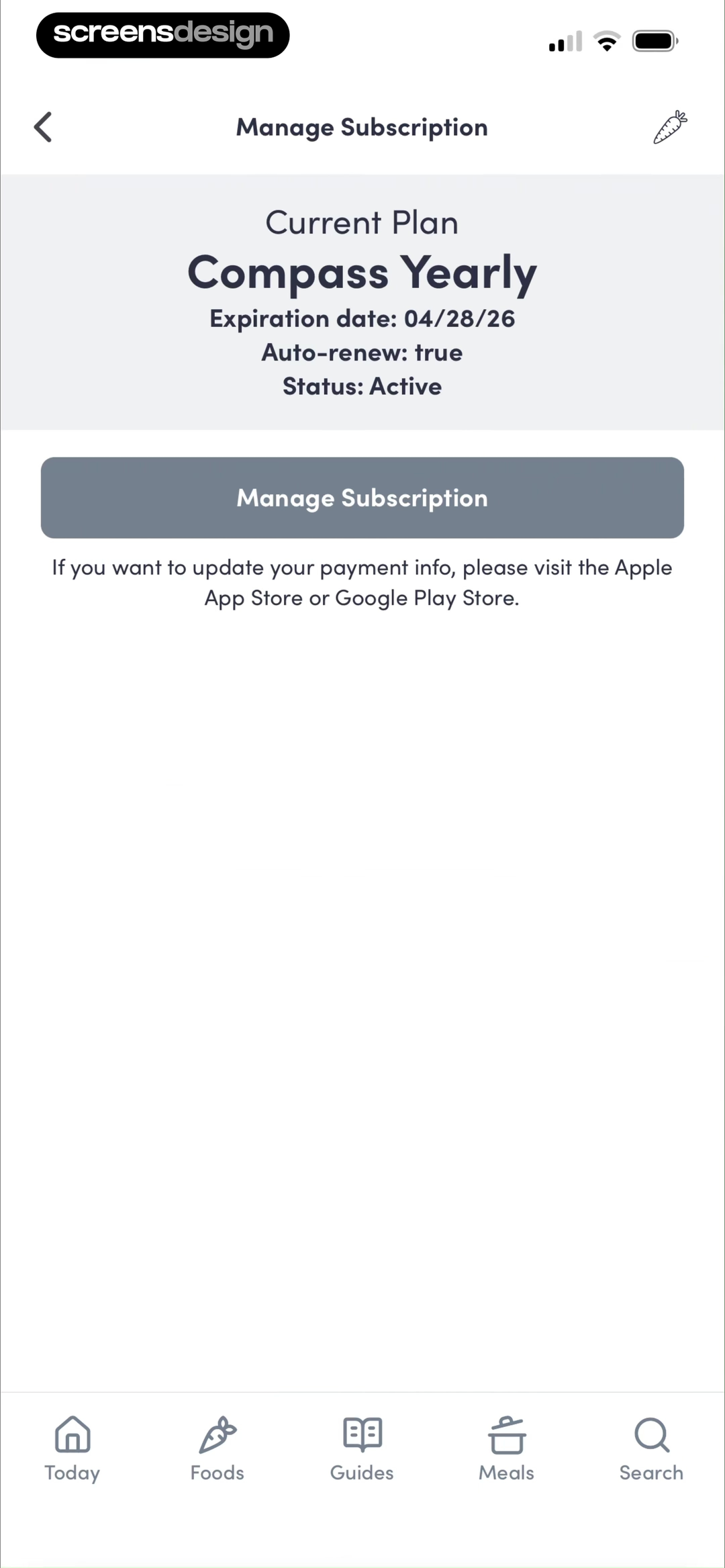 Solid Starts: Baby First Foods mobile app screen showing Manage Subscription and Current Plan