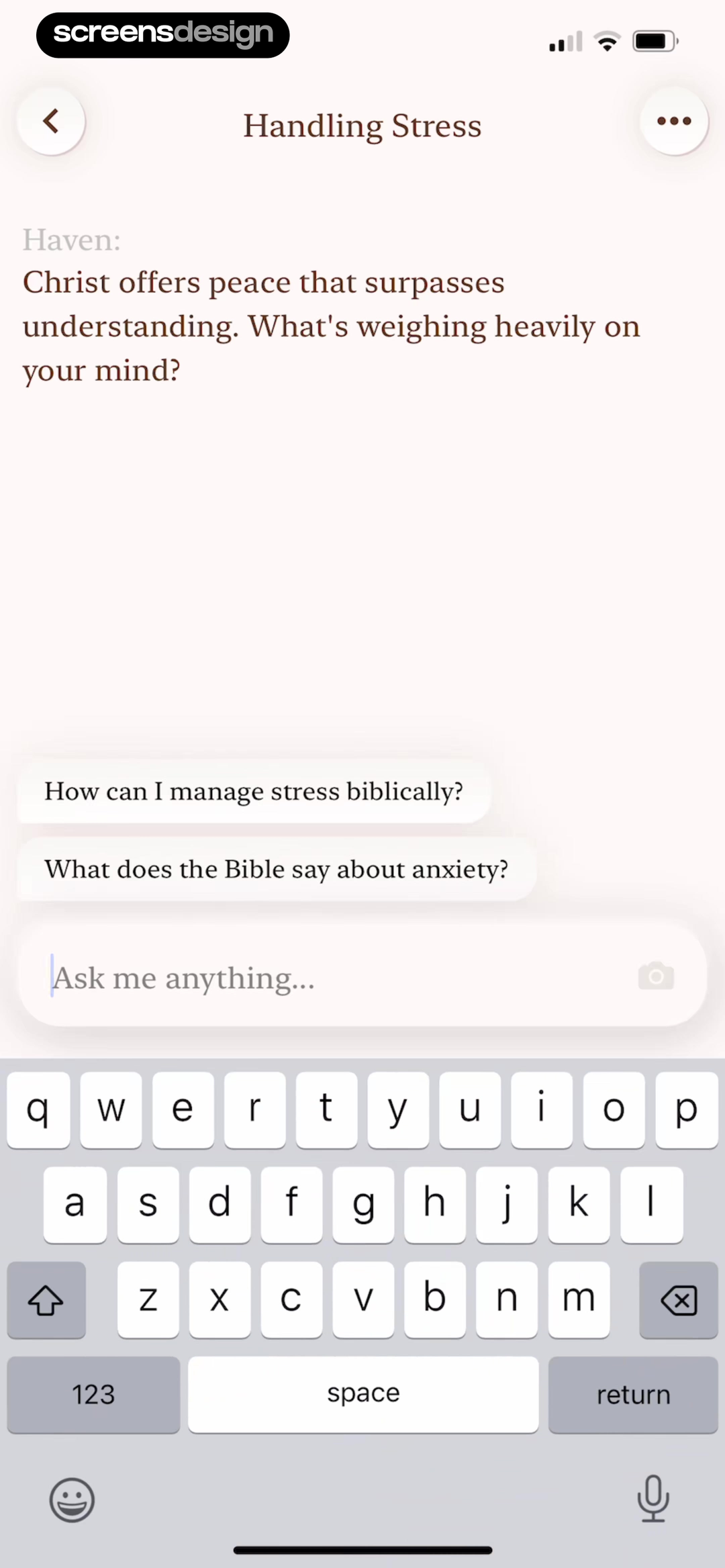 Haven Bible chat screen with guided questions about stress and anxiety