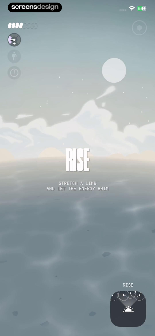 Not Boring Vibes Rise screen using an atmospheric landscape and restrained typography