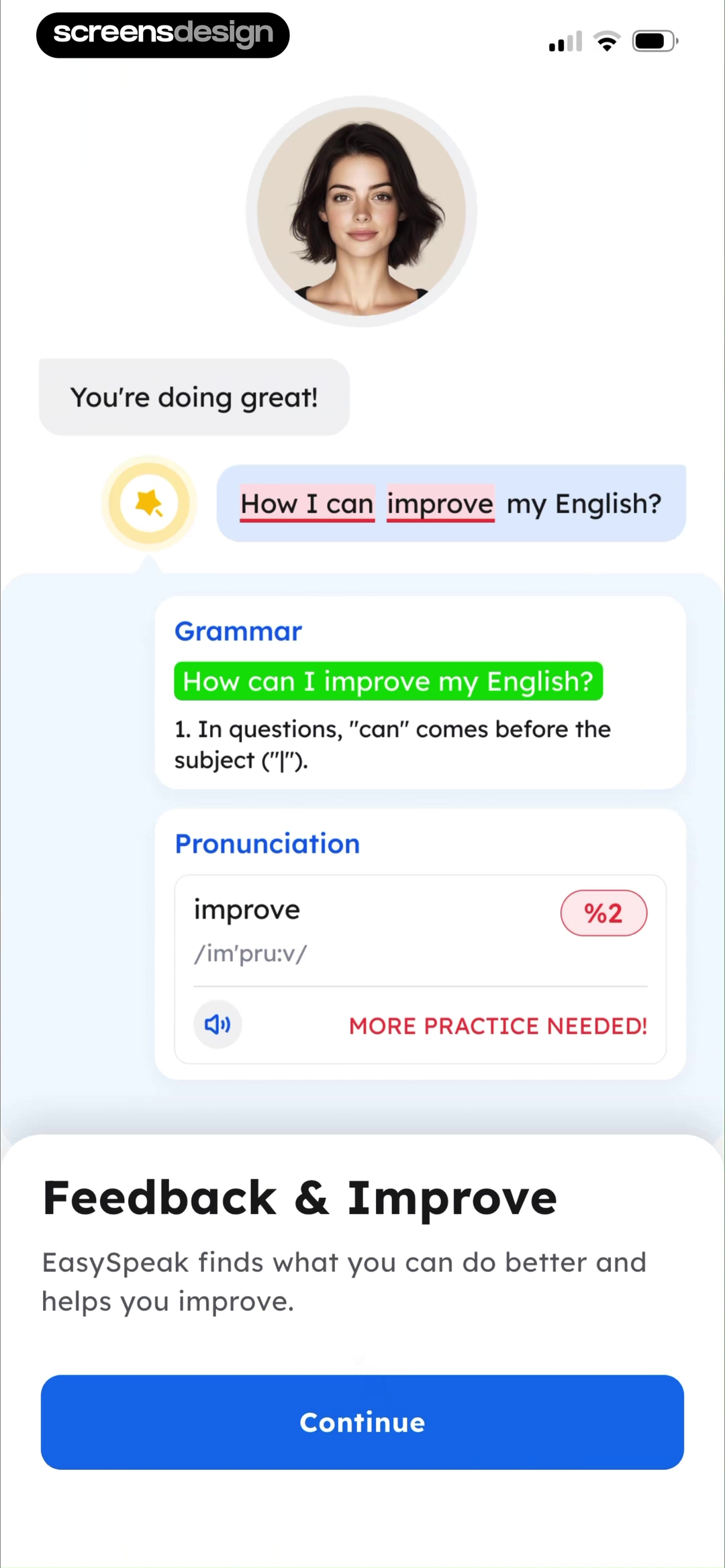Easy Speak feedback screen with grammar and pronunciation coaching