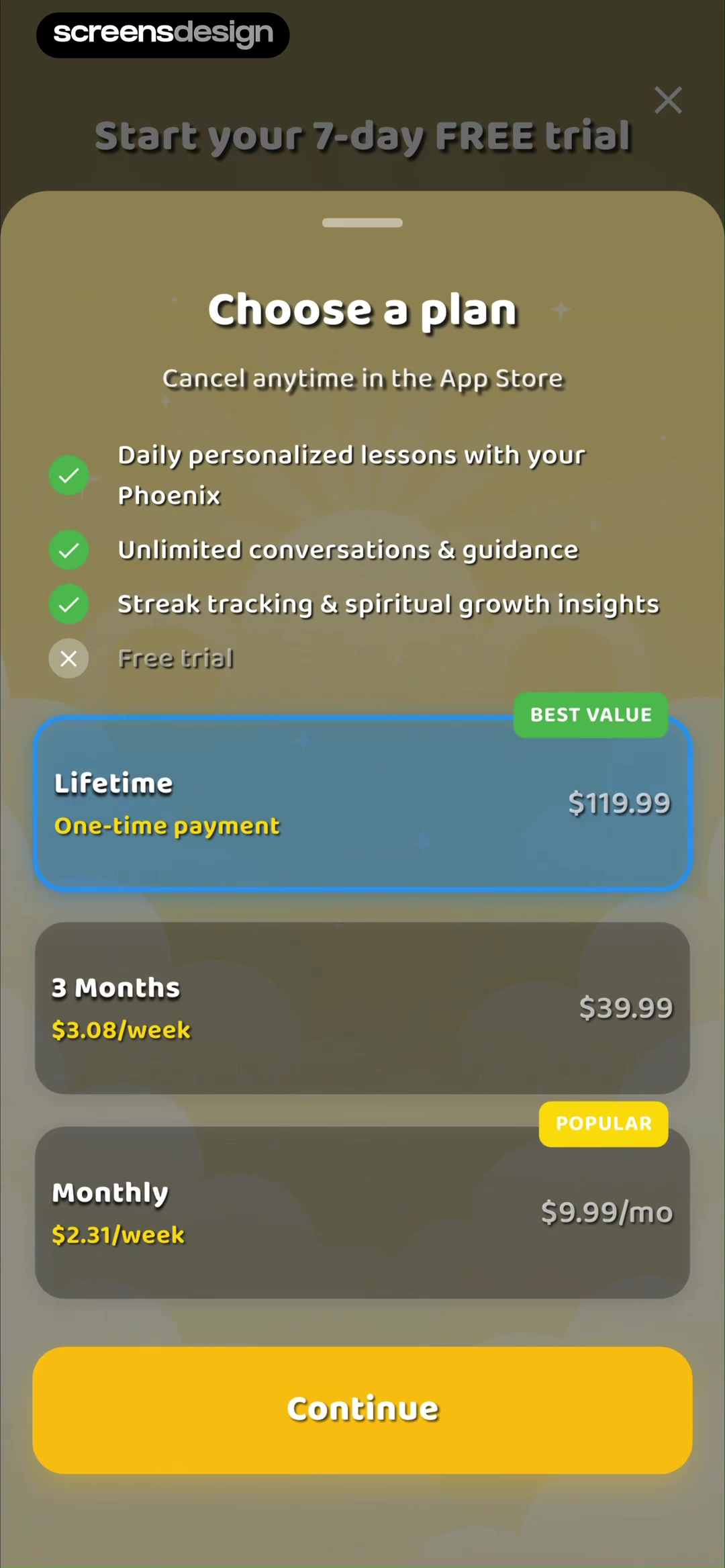 Ascend subscription plan selection with trial and App Store cancellation details