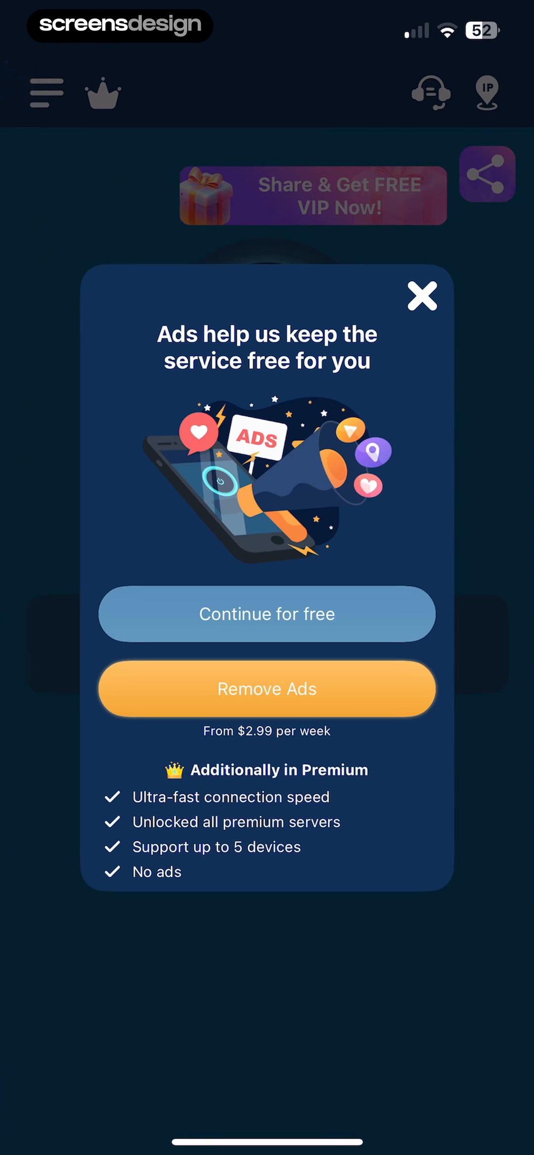 VPN - Fast VPN Super ™ mobile app screen showing Ads help us keep the service free for you and Continue for free