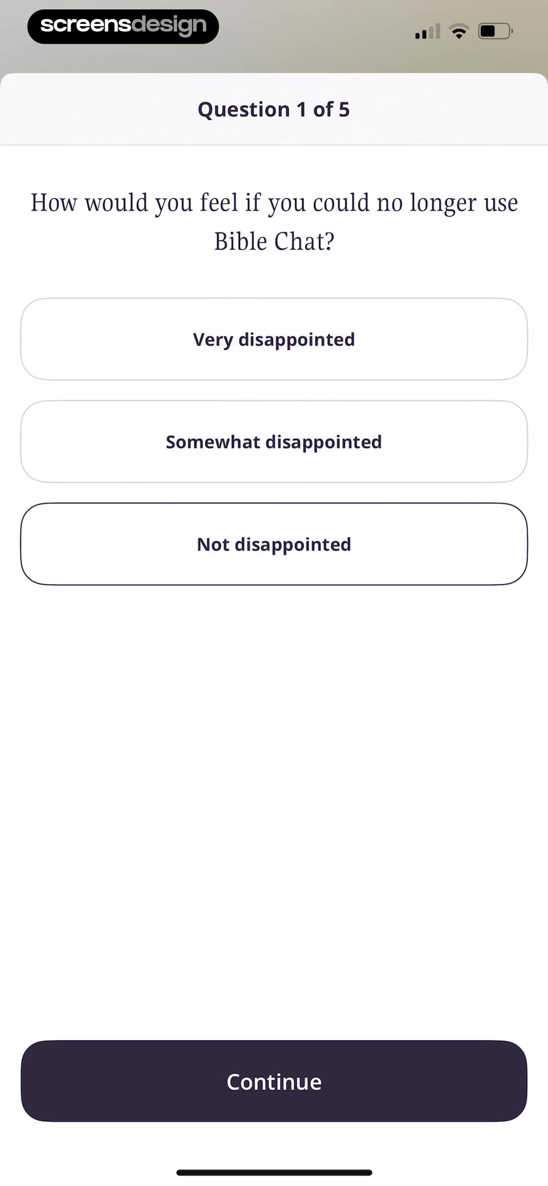 Bible Chat survey asking how disappointed the user would be without the app