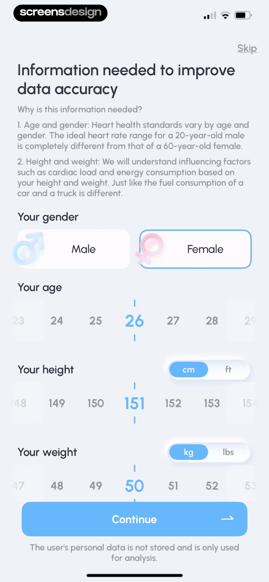 PulseTrackr onboarding form explaining age gender height and weight data use