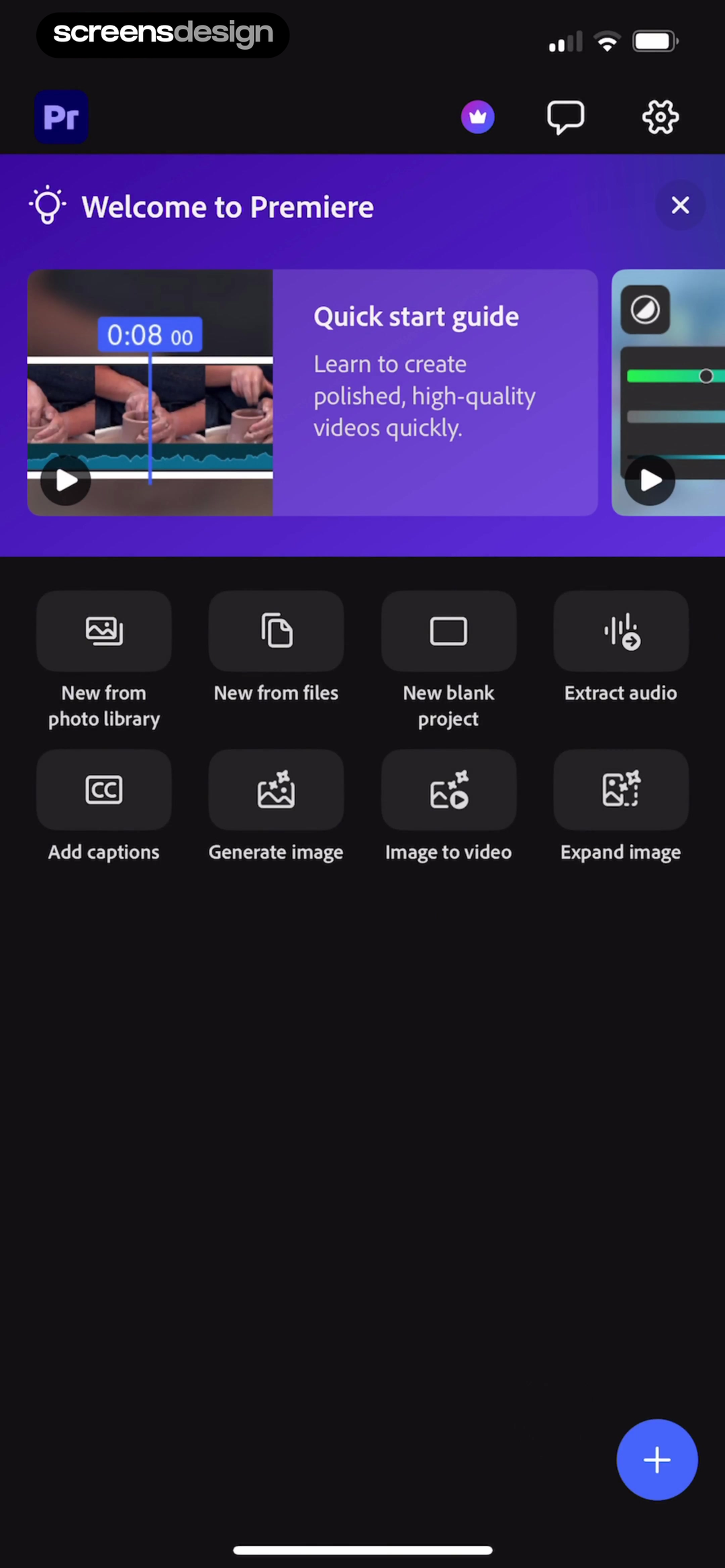 Adobe Premiere home screen with creation actions for photo library, files, blank project, audio, captions, and image tools