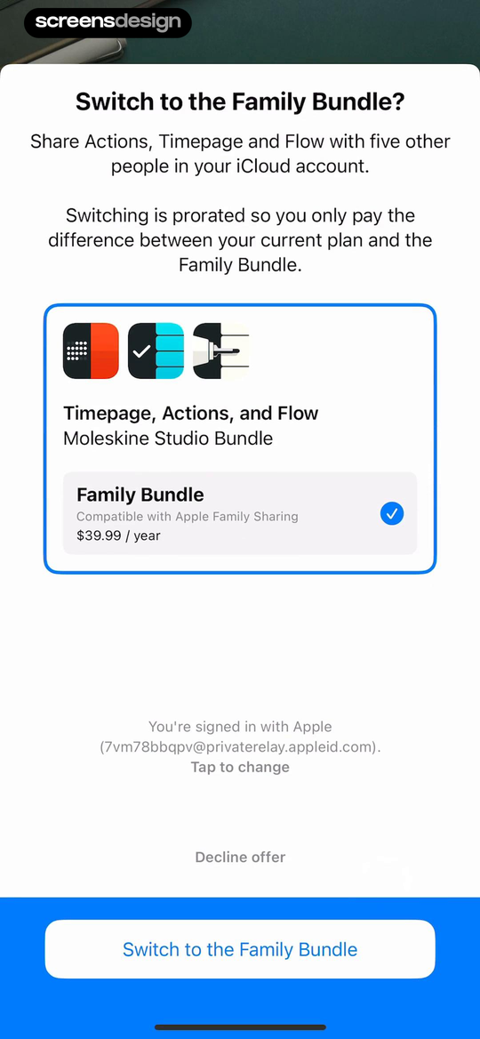 Timepage: Calendar Planner mobile app screen showing Switch to the Family Bundle? and Share Actions, Timepage and Flow with five other people in your iCloud account