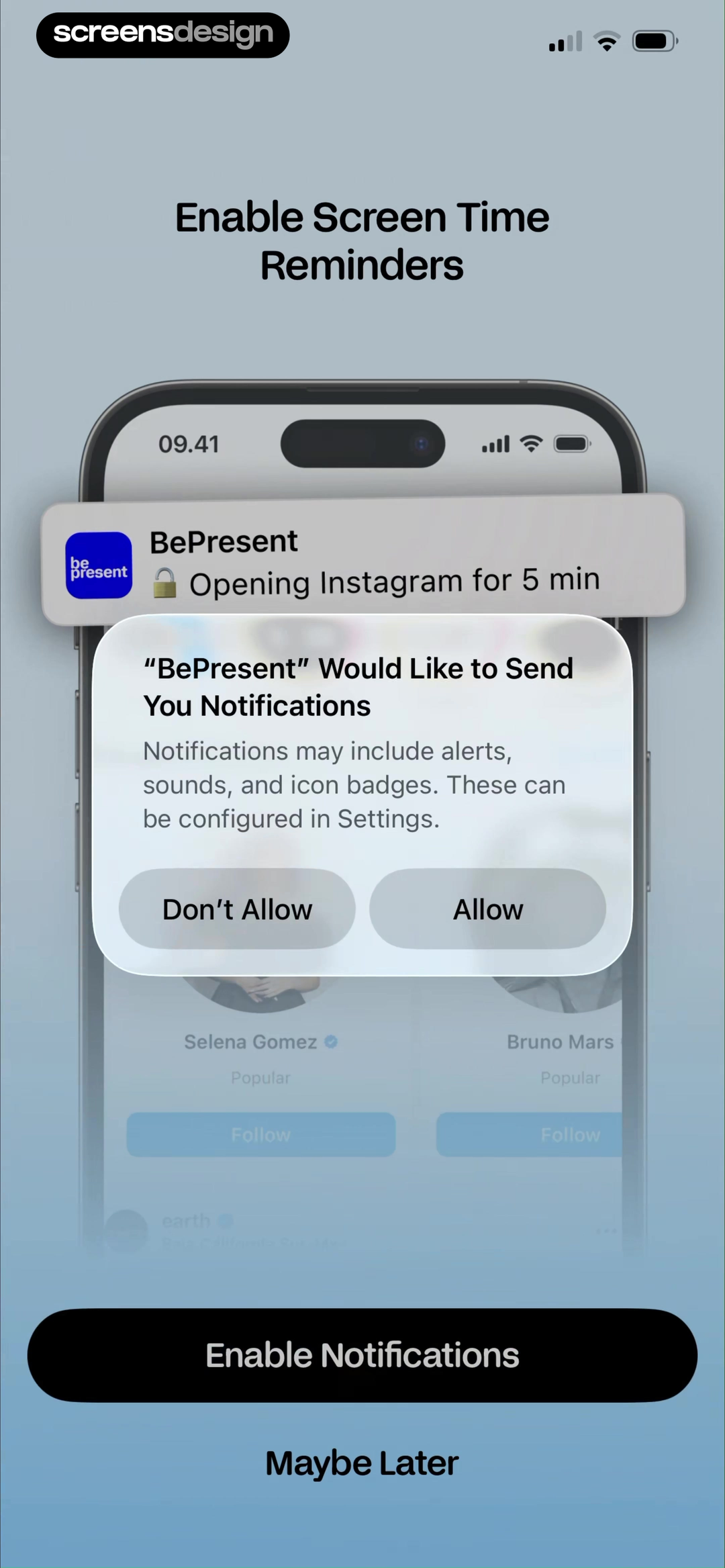 BePresent screen showing a five-minute app-access alert is previewed with both Enable Notifications and Maybe Later