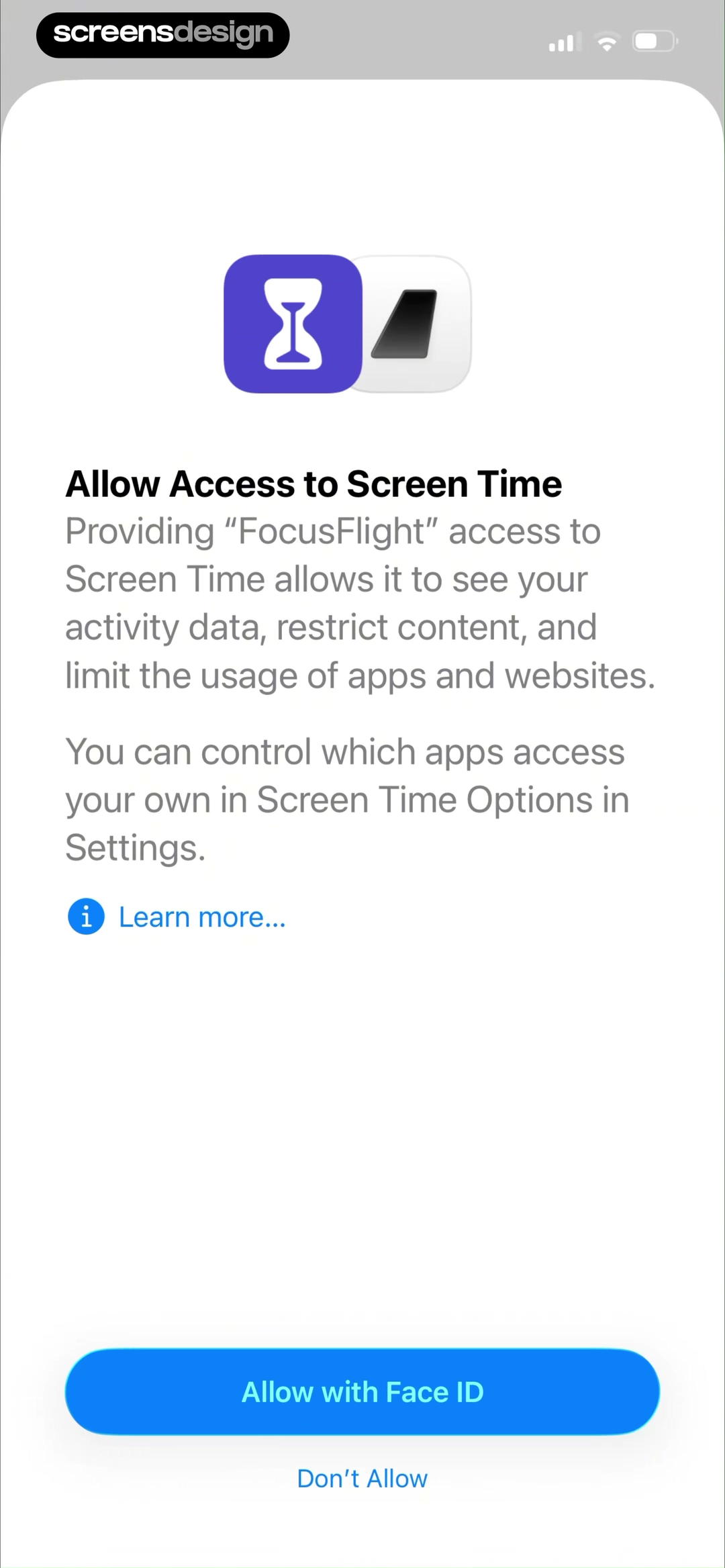 FocusFlight iOS Screen Time permission screen
