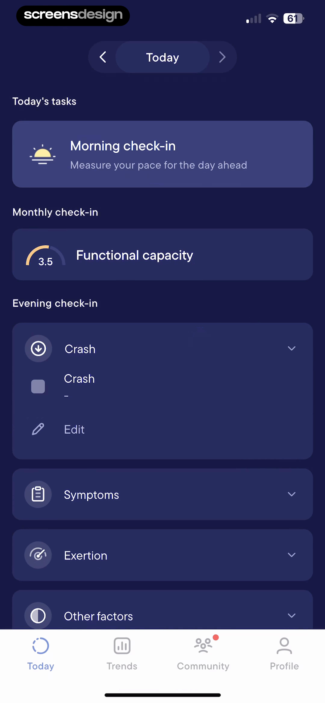 Visible Today dashboard after the Crash category expands to reveal a recorded entry and Edit action