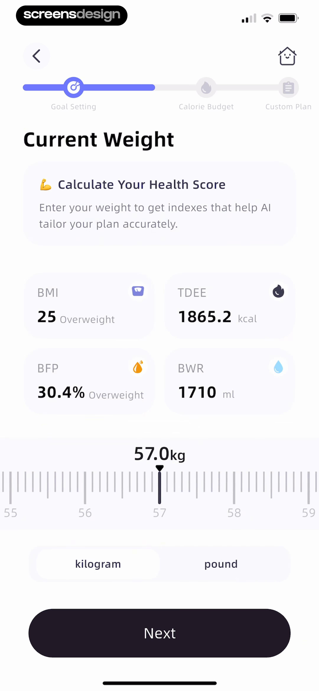 CalorieMate current-weight setup with BMI, TDEE, body fat percentage, and water metric cards