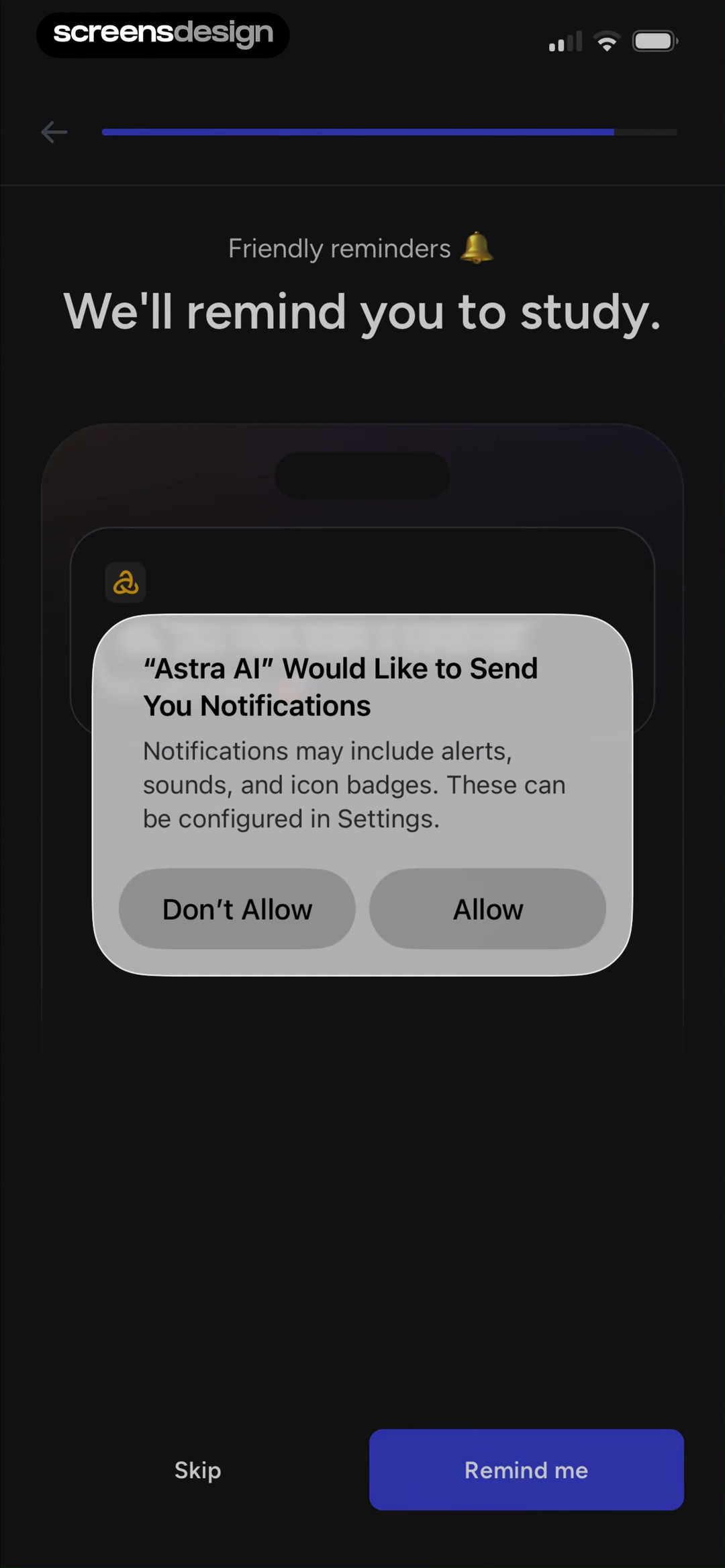 Astra AI iOS notification permission dialog over the study reminder preview